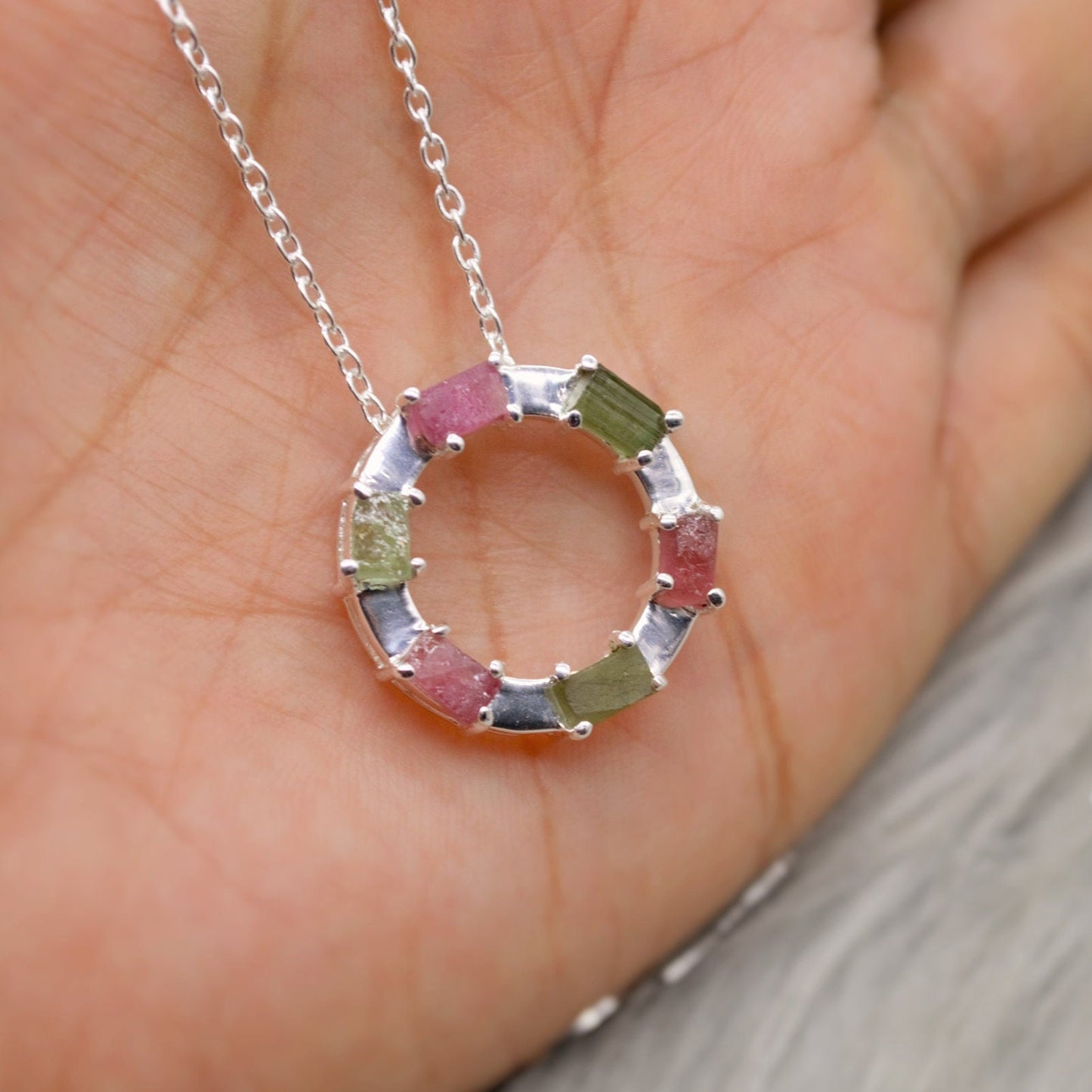 Green, Pink Tourmaline Pendant Necklace, Sterling Silver Chain Necklace, October Birthstone, Gemstone Necklace Gift For Her