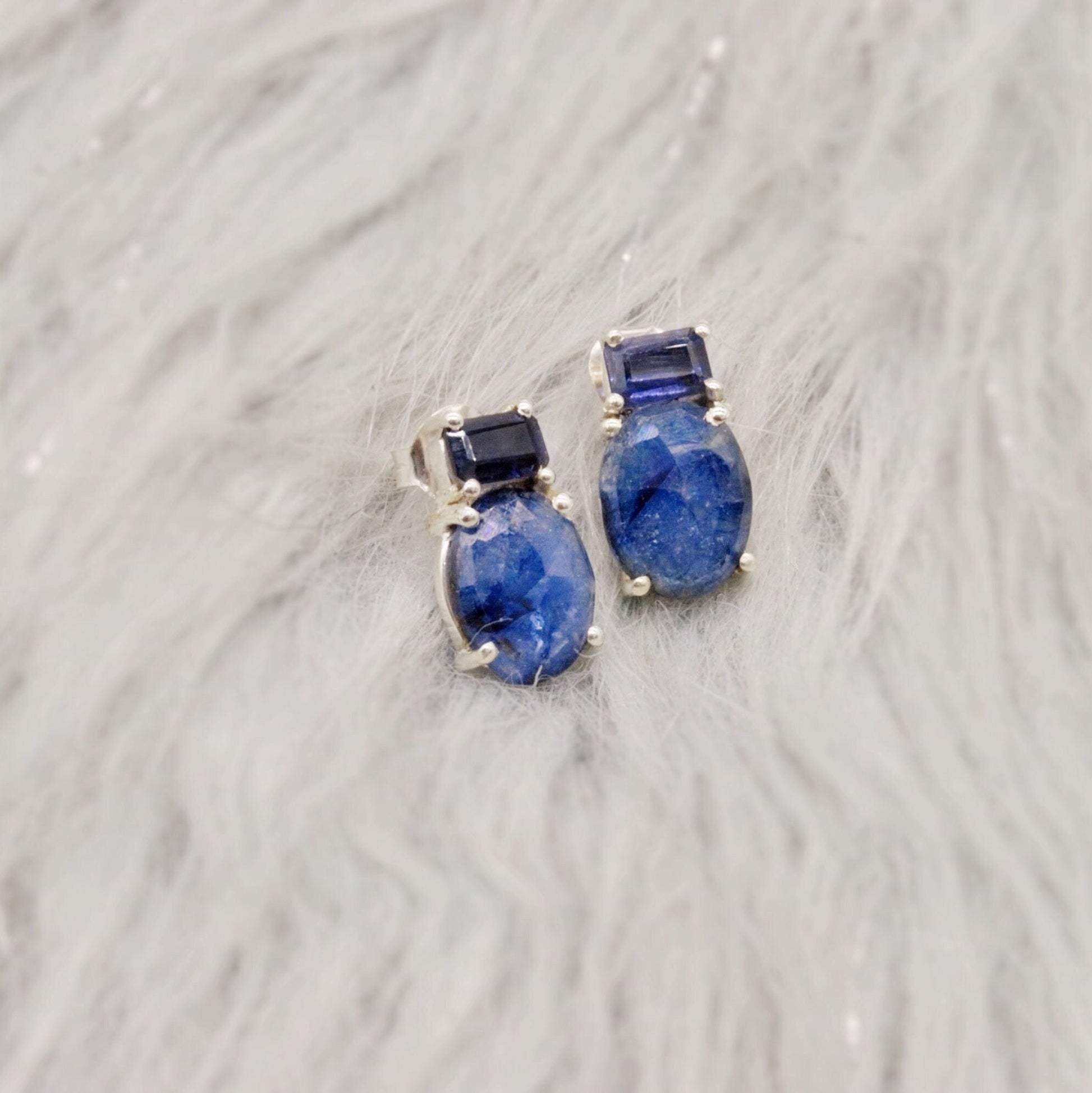 Sapphire, Iolite Silver Stud Earrings, September Birthstone Jewelry, Sapphire Jewelry, Iolite Jewelry, Raw Blue Gemstone Earrings