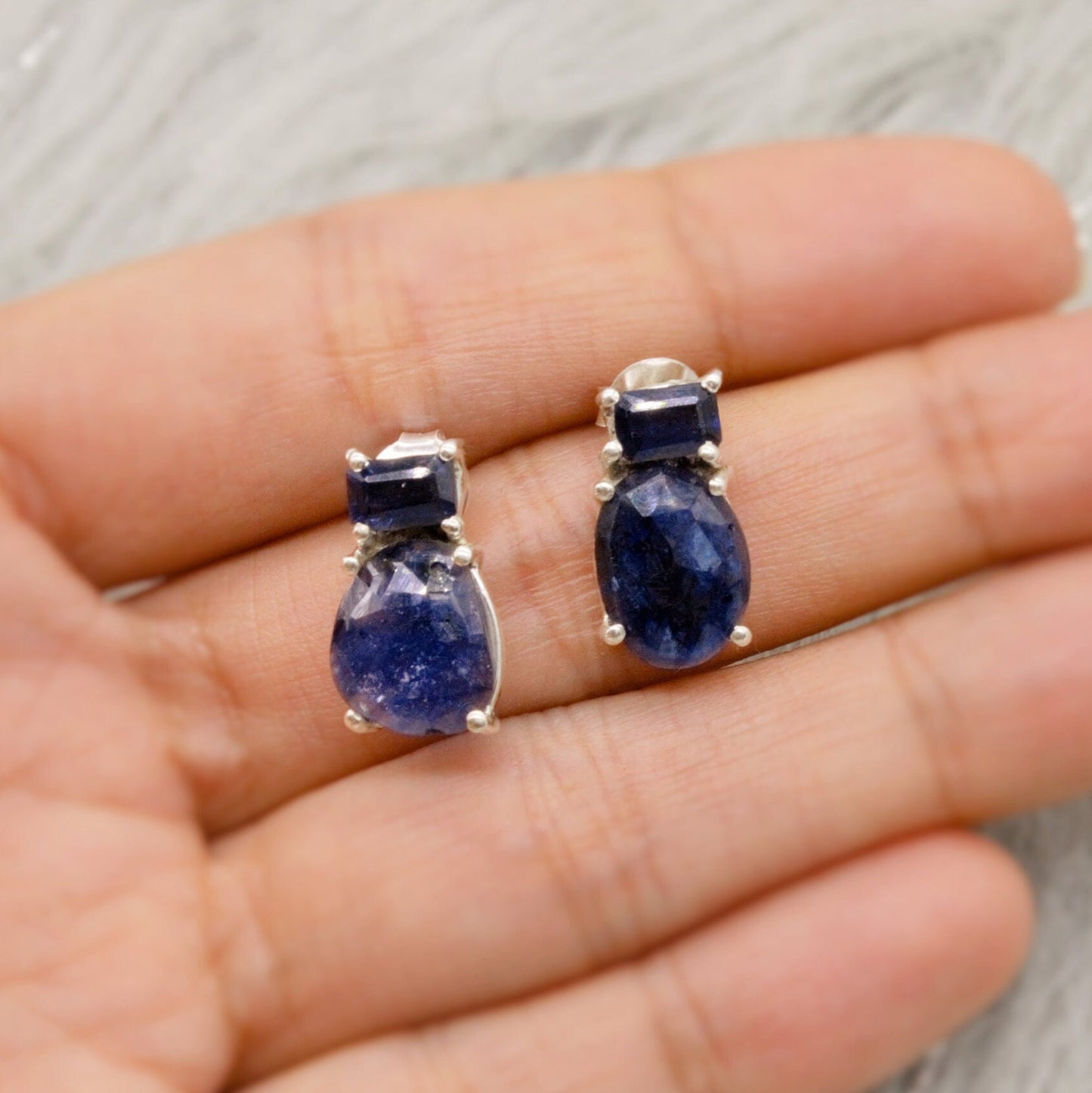 Sapphire, Iolite Silver Stud Earrings, September Birthstone Jewelry, Sapphire Jewelry, Iolite Jewelry, Raw Blue Gemstone Earrings