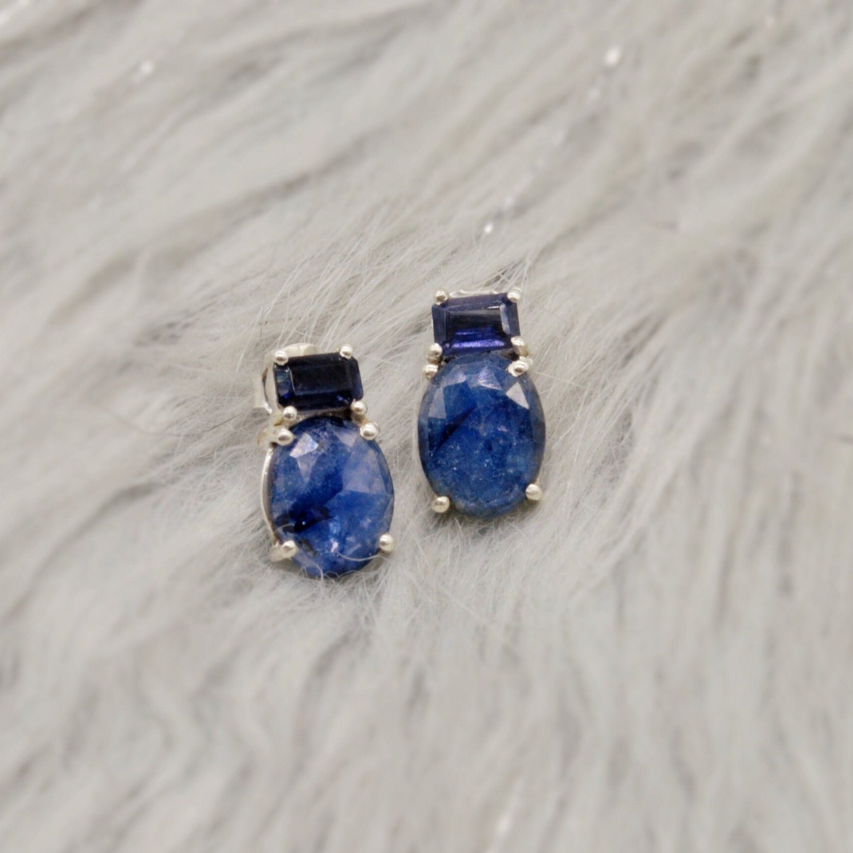 Sapphire, Iolite Silver Stud Earrings, September Birthstone Jewelry, Sapphire Jewelry, Iolite Jewelry, Raw Blue Gemstone Earrings