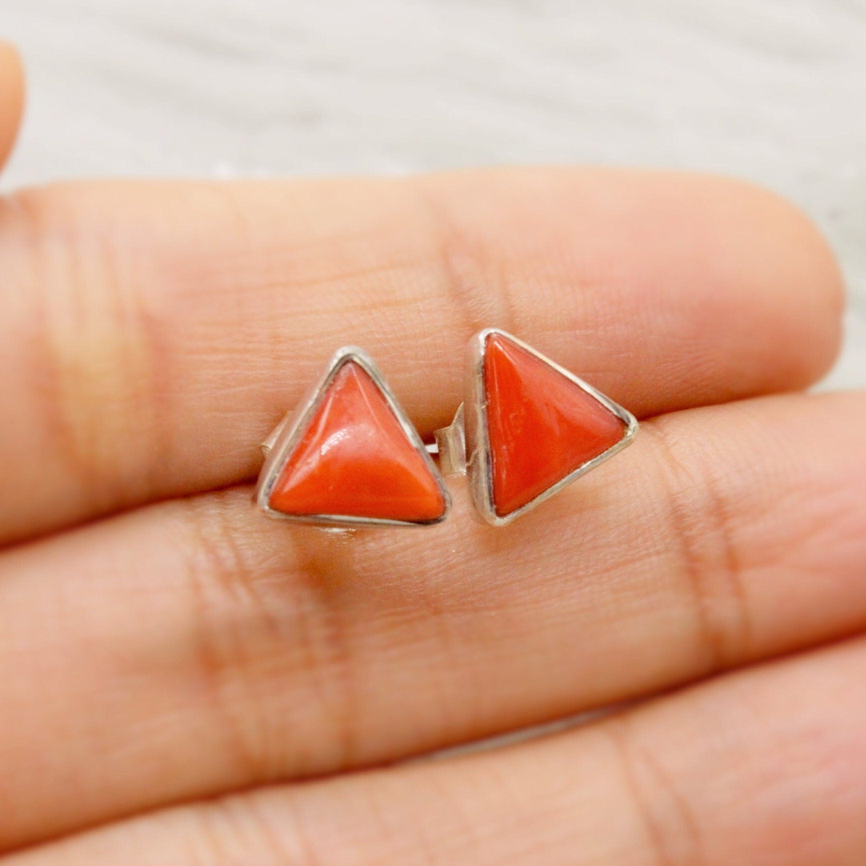 Red Coral Sterling Silver Stud Earrings, Dainty Triangle Earrings, Everyday Gemstone Earrings, Coral Jewelry, Birthday Gifts For Her