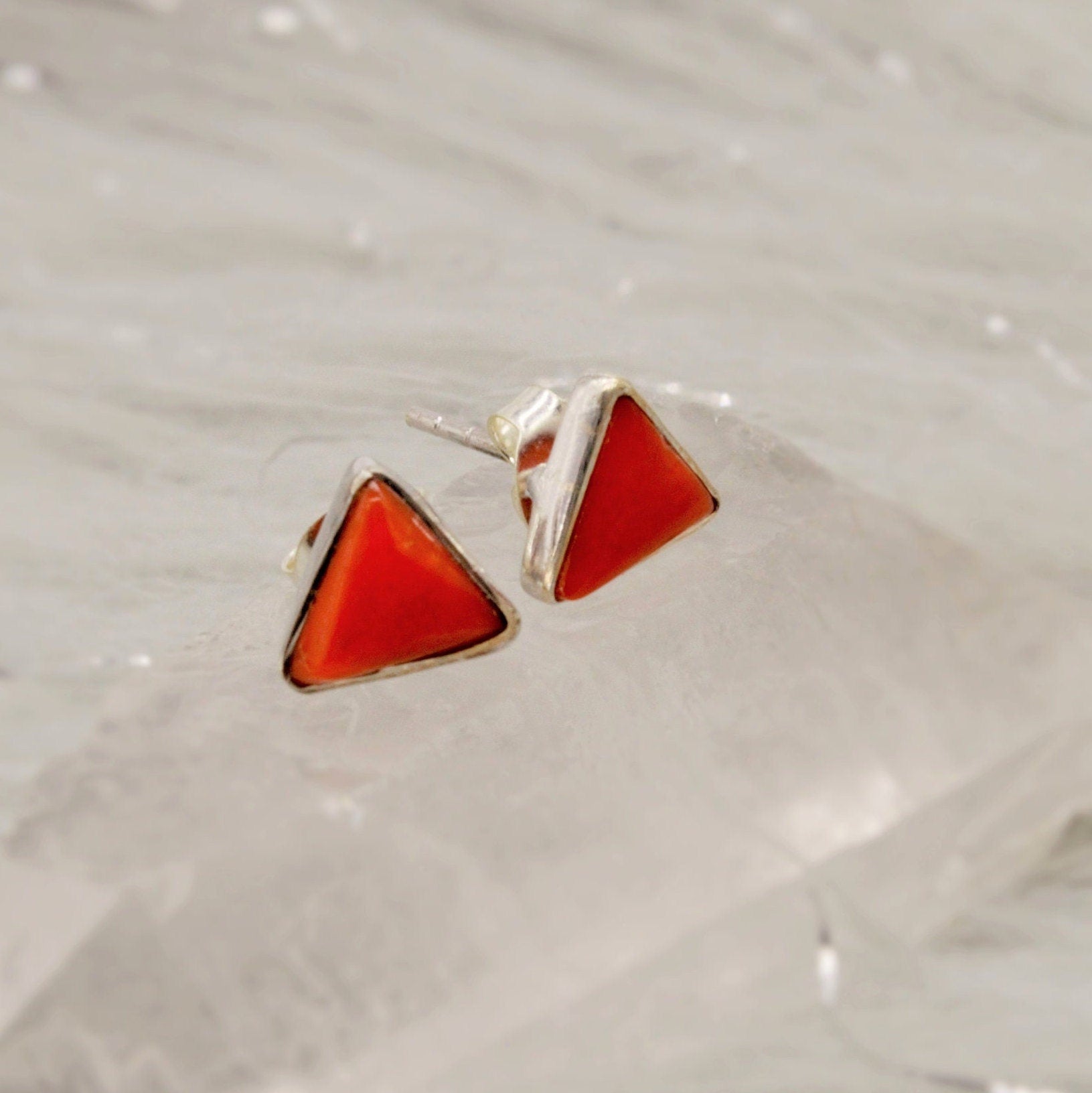 Red Coral Sterling Silver Stud Earrings, Dainty Triangle Earrings, Everyday Gemstone Earrings, Coral Jewelry, Birthday Gifts For Her