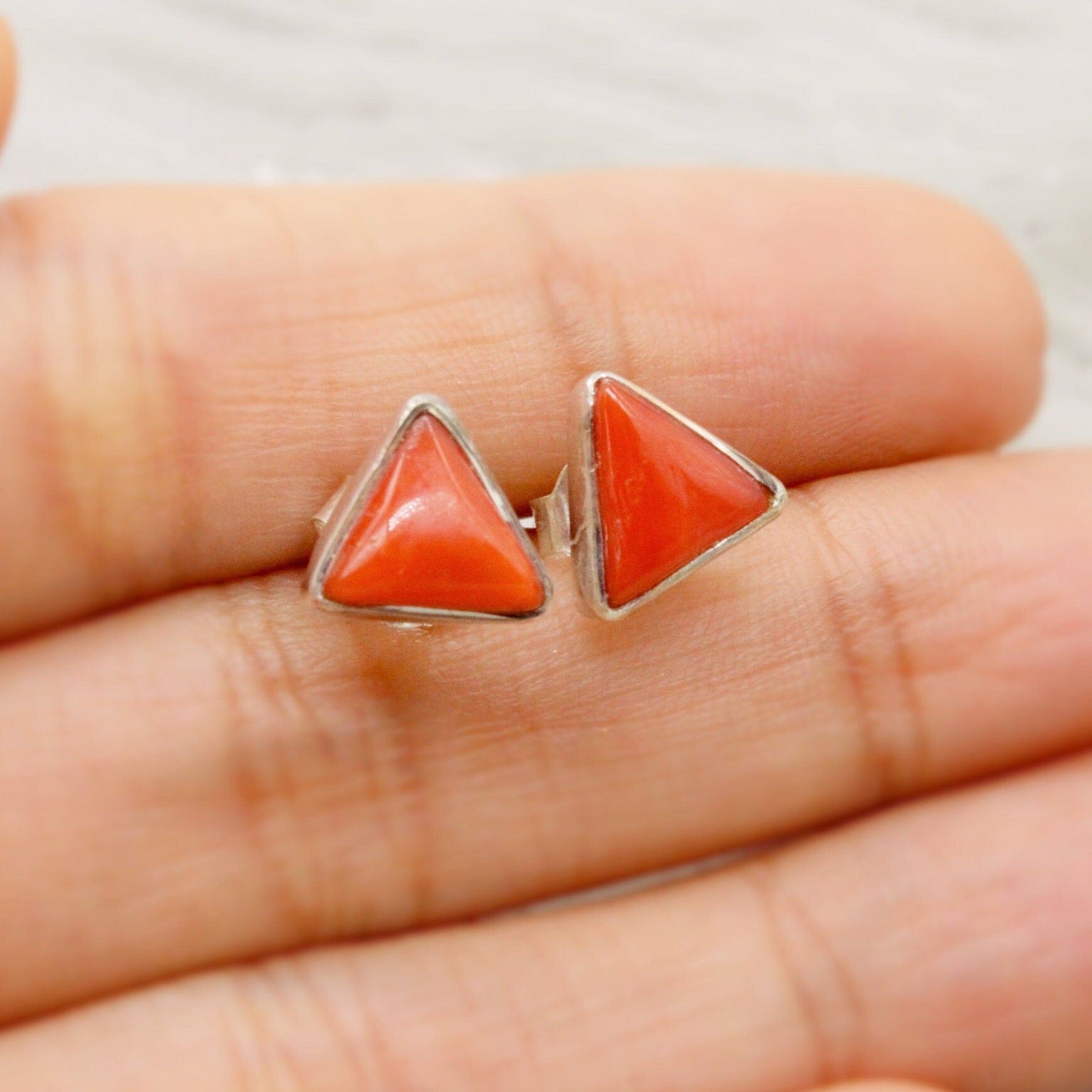 Red Coral Sterling Silver Stud Earrings, Dainty Triangle Earrings, Everyday Gemstone Earrings, Coral Jewelry, Birthday Gifts For Her