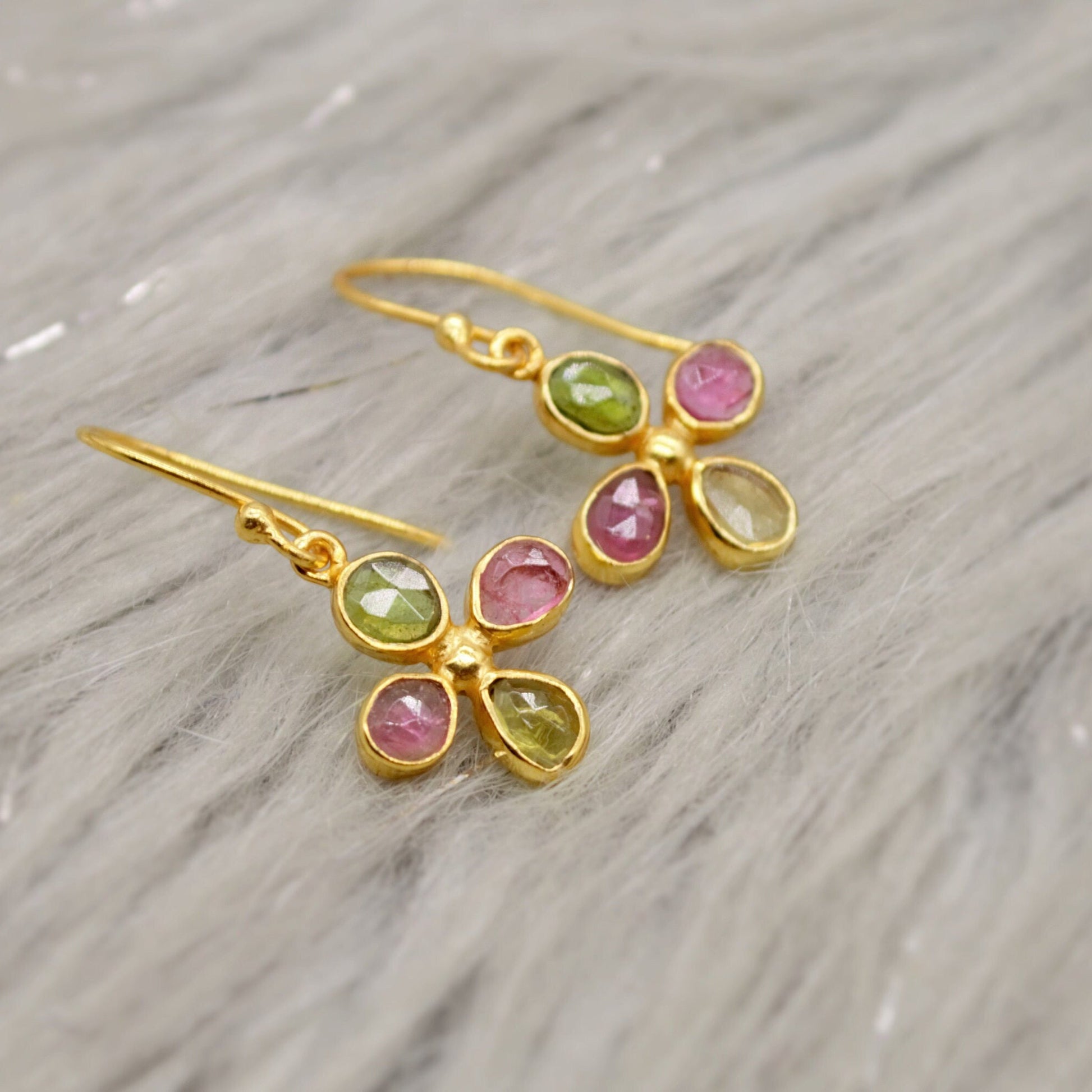 Pink Green Tourmaline Earrings, Dangle Drop Sterling Silver Earrings, October Birthstone Earrings, Tourmaline Jewelry, Cute Earrings