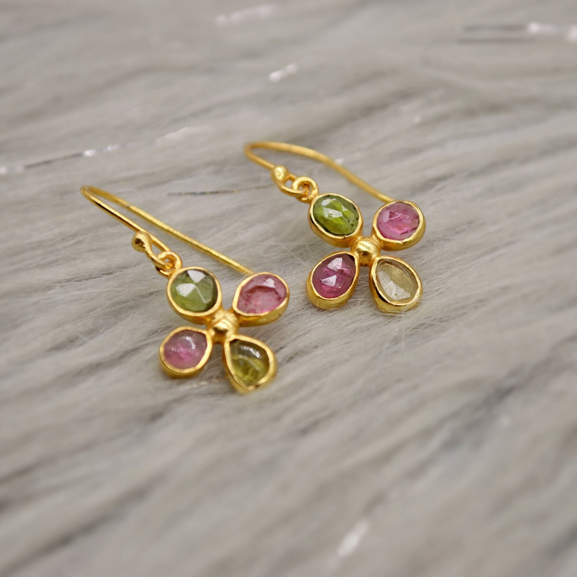 Pink Green Tourmaline Earrings, Dangle Drop Sterling Silver Earrings, October Birthstone Earrings, Tourmaline Jewelry, Cute Earrings