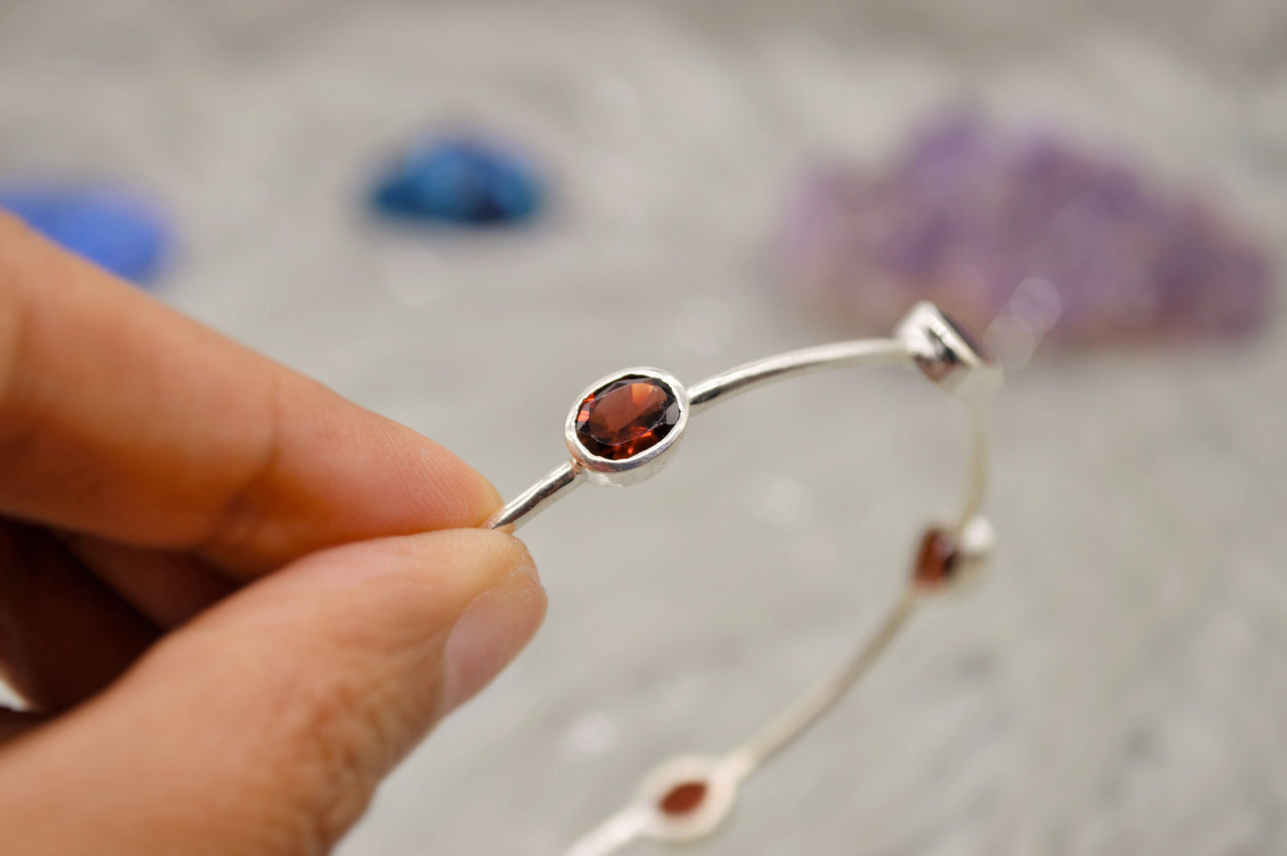 Multi Shaped Red Garnet Silver Bangle, Birthstone Bracelet, 6cm Diameter 18.9cm Circumference, Silver Bangles Gifts, January Birthstone