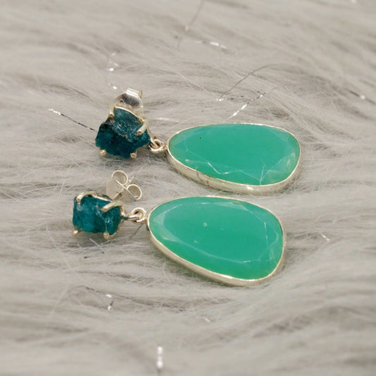 Chalcedony, Blue Apatite Earrings, Sterling Silver, Chalcedony Jewelry, Green Earrings, Gifts For Her, Gemstone Dangle Drop Earrings