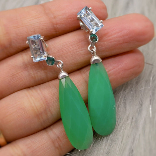 Green Chalcedony, Emerald Earrings, Iolite, Blue Topaz Sterling Silver Gemstone Earrings, February Birthstone, Birthday Gifts, Bridesmaid