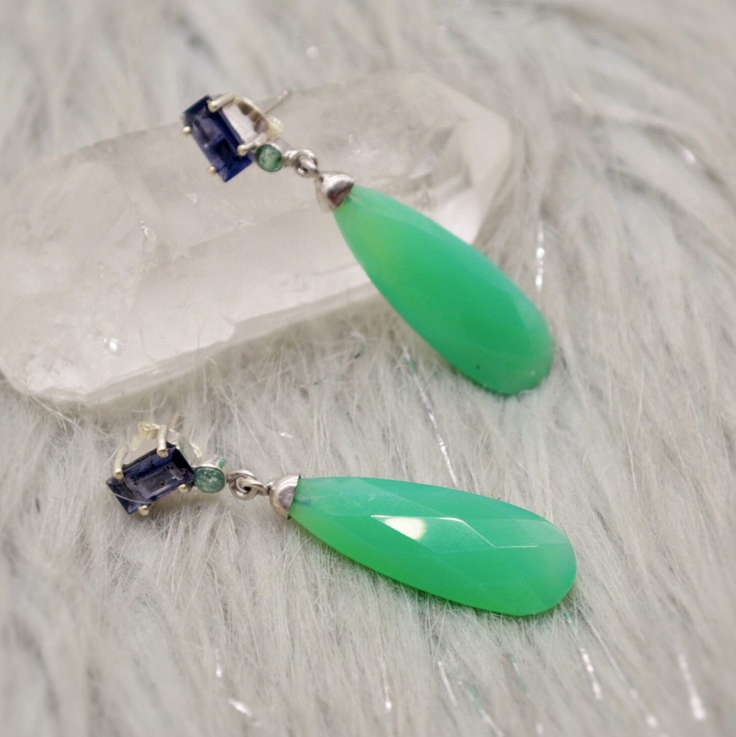 Green Chalcedony, Emerald Earrings, Iolite, Blue Topaz Sterling Silver Gemstone Earrings, February Birthstone, Birthday Gifts, Bridesmaid