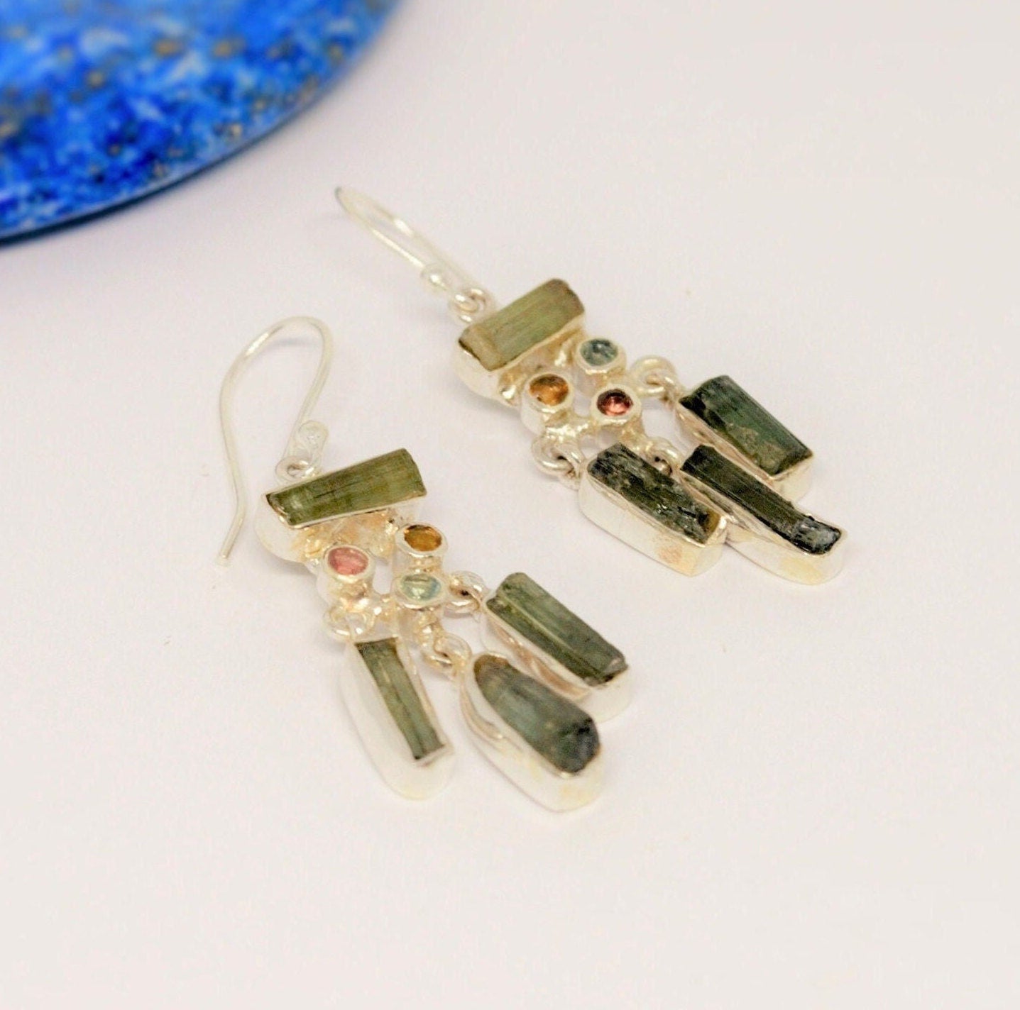 Green Tourmaline Earrings, Sterling Silver, Handmade Dangle Earrings, Mixed Tourmaline Jewelry, October Birthstone Jewelry, Birthday Gift