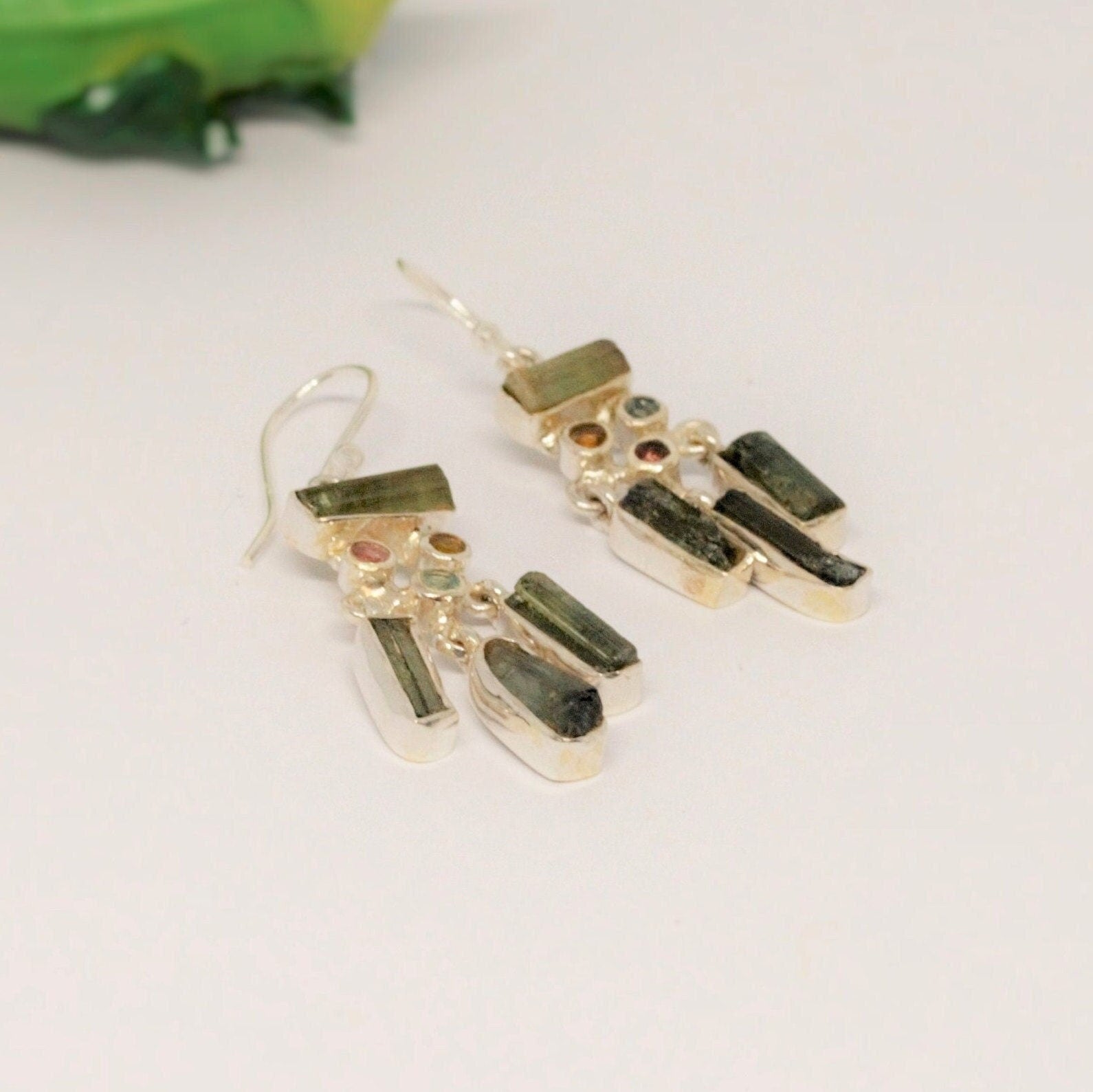 Green Tourmaline Earrings, Sterling Silver, Handmade Dangle Earrings, Mixed Tourmaline Jewelry, October Birthstone Jewelry, Birthday Gift