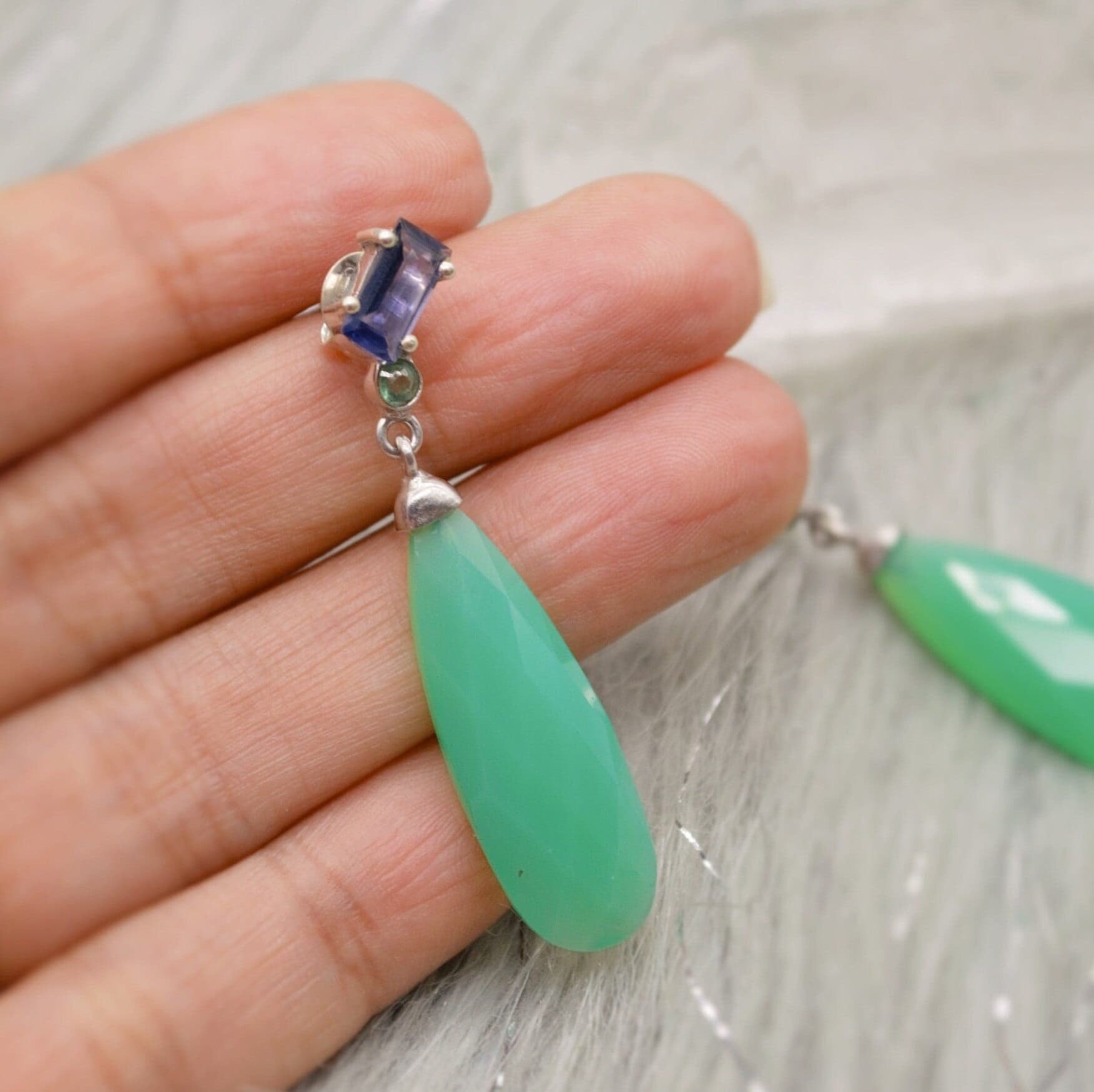 Green Chalcedony, Emerald Earrings, Iolite, Blue Topaz Sterling Silver Gemstone Earrings, February Birthstone, Birthday Gifts, Bridesmaid