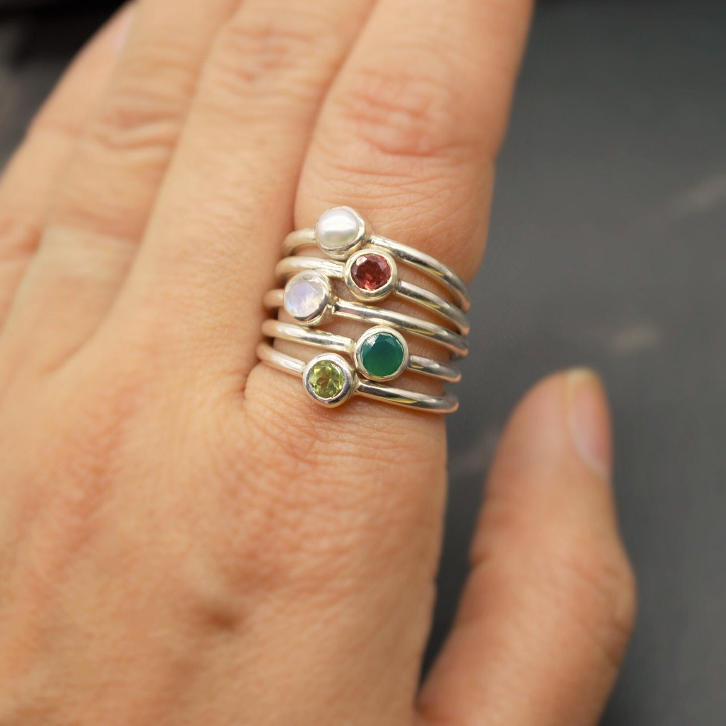 Amethyst, Peridot, Pearl, Moonstone, Garnet, Green Onyx dainty ring set in 925 silver, Stackable ring, dainty birthstone gemstone rings,