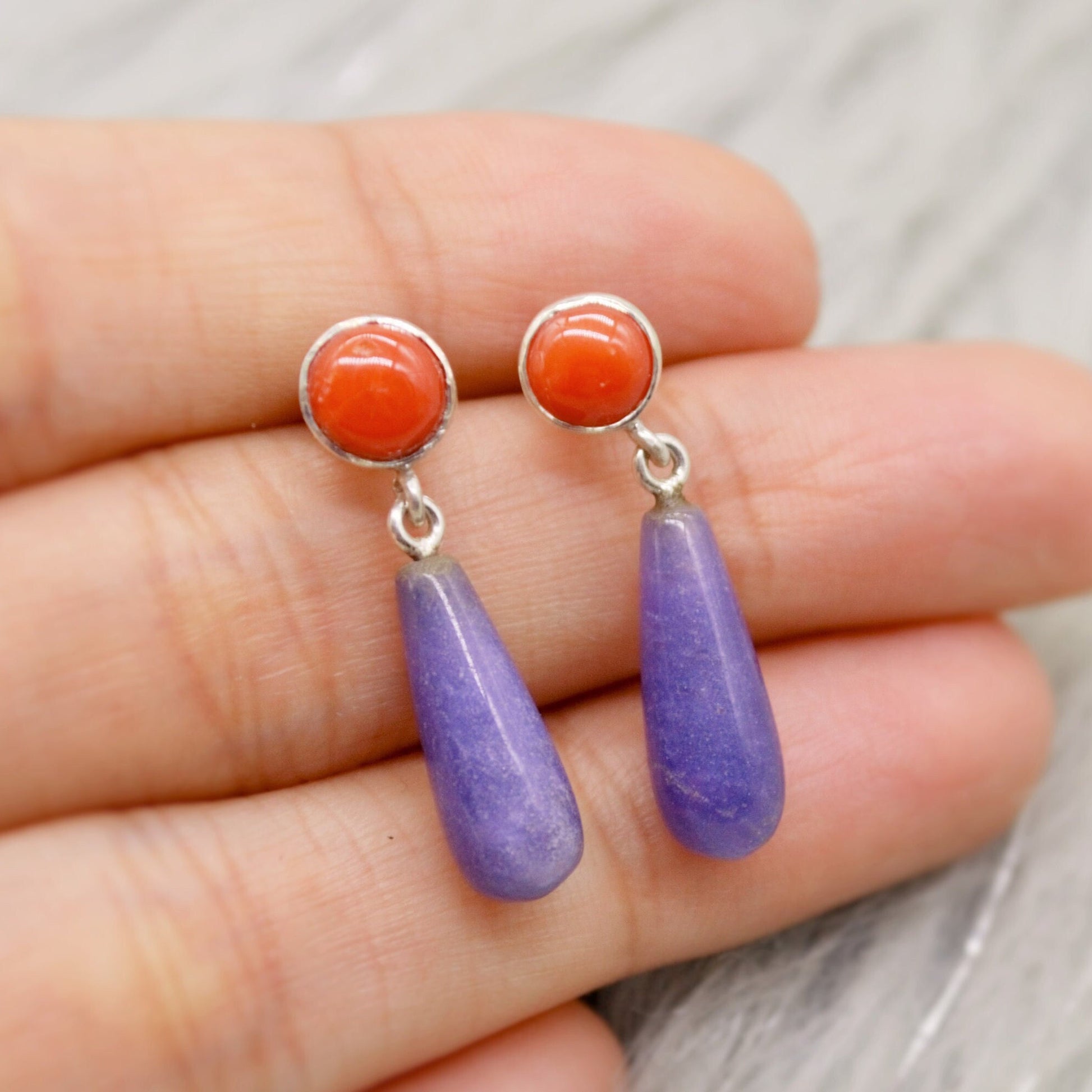 Purple Jade, Red Coral Drop Earrings, Sterling Silver, Red Coral Jewelry, Handmade Gemstone Earrings, Unique Cute Gifts For Her