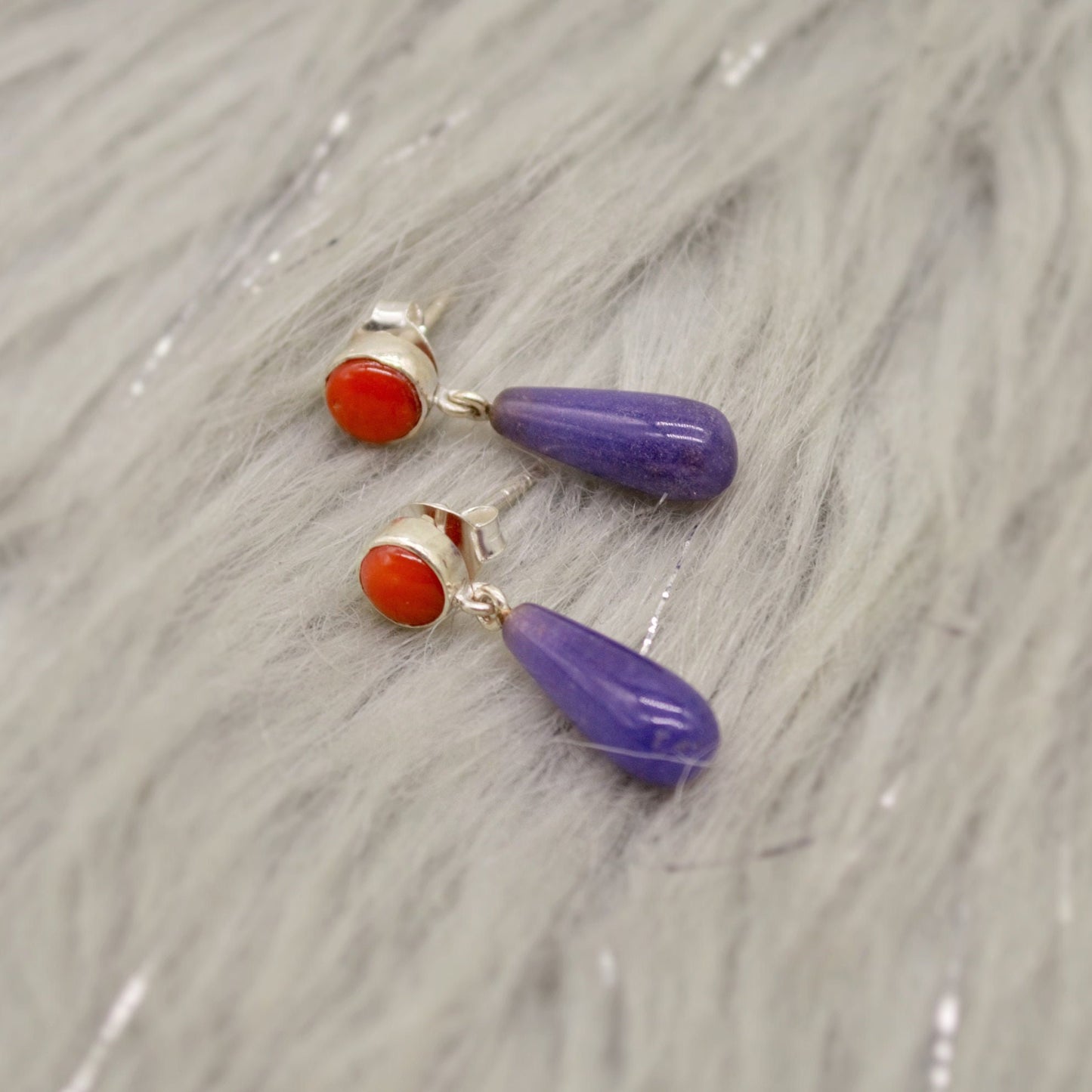 Purple Jade, Red Coral Drop Earrings, Sterling Silver, Red Coral Jewelry, Handmade Gemstone Earrings, Unique Cute Gifts For Her