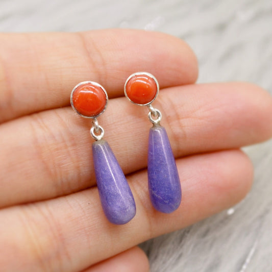 Purple Jade, Red Coral Drop Earrings, Sterling Silver, Red Coral Jewelry, Handmade Gemstone Earrings, Unique Cute Gifts For Her