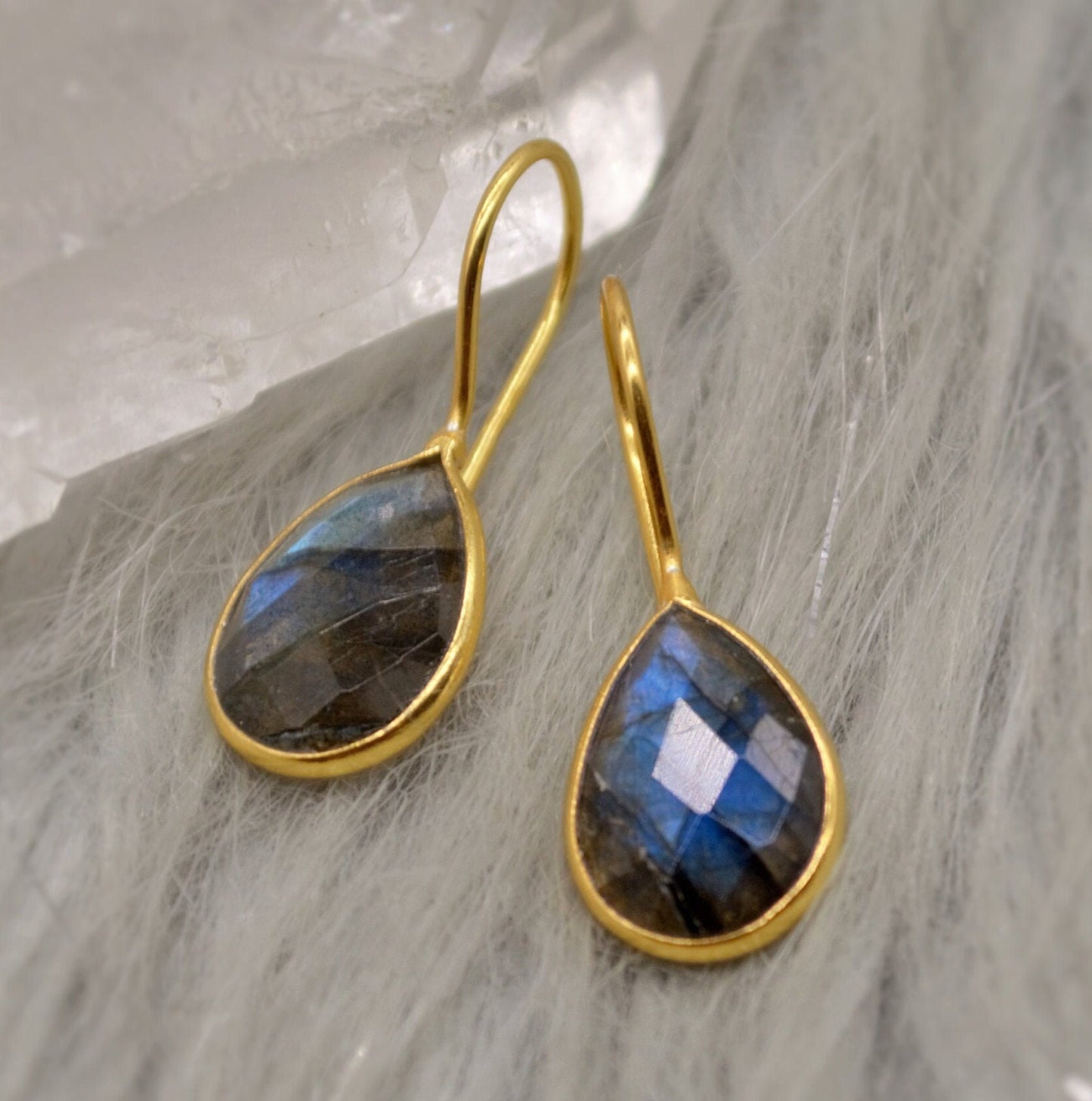 Labradorite Dangle Silver Earrings, Gold Plated Sterling Silver, Handmade Gemstone Earrings, Labradorite Stone Jewelry, Gift For Her