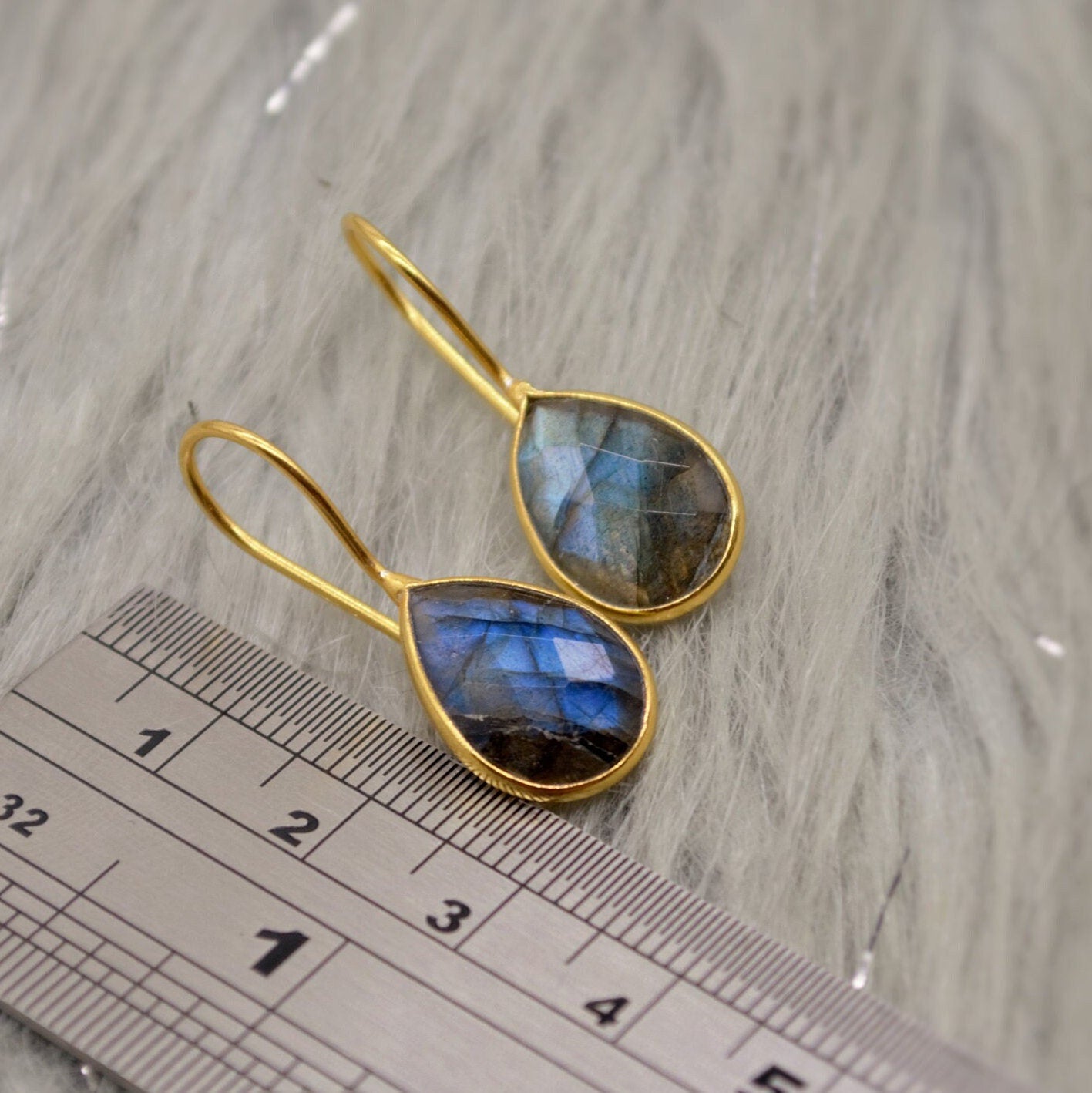 Labradorite Dangle Silver Earrings, Gold Plated Sterling Silver, Handmade Gemstone Earrings, Labradorite Stone Jewelry, Gift For Her