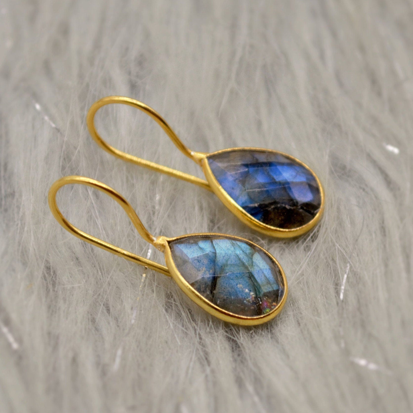 Labradorite Dangle Silver Earrings, Gold Plated Sterling Silver, Handmade Gemstone Earrings, Labradorite Stone Jewelry, Gift For Her