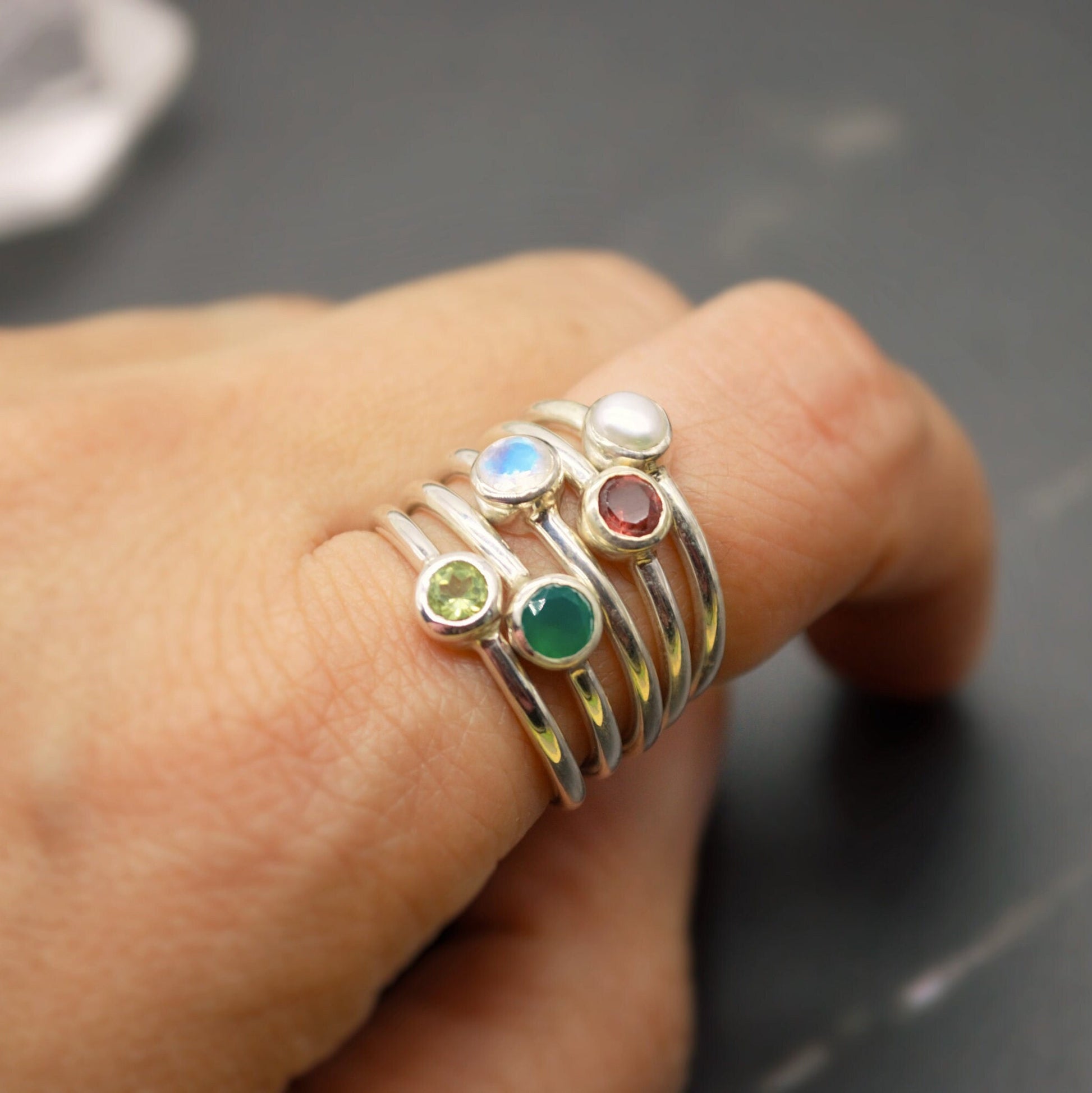 Amethyst, Peridot, Pearl, Moonstone, Garnet, Green Onyx dainty ring set in 925 silver, Stackable ring, dainty birthstone gemstone rings,