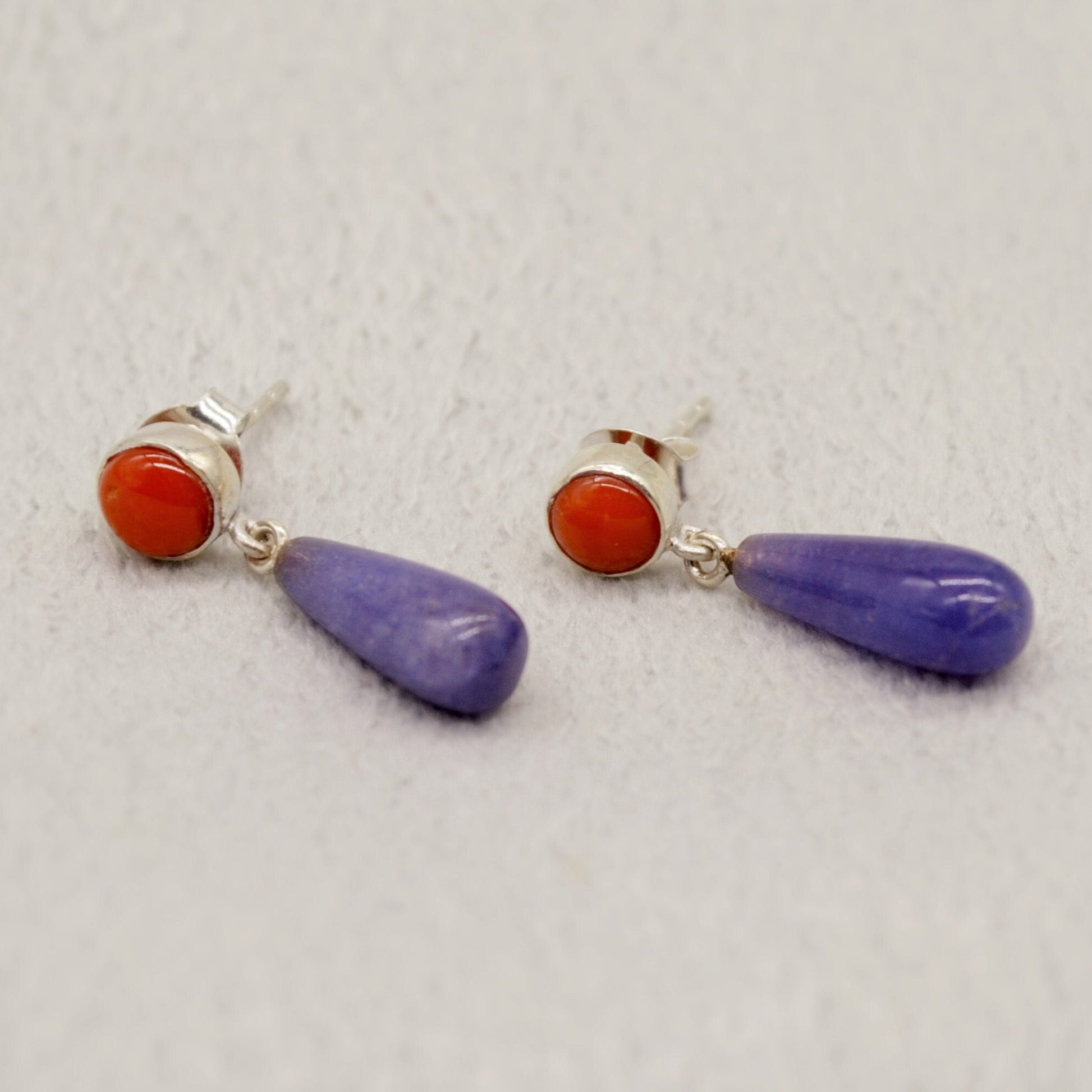 Purple Jade, Red Coral Drop Earrings, Sterling Silver, Red Coral Jewelry, Handmade Gemstone Earrings, Unique Cute Gifts For Her