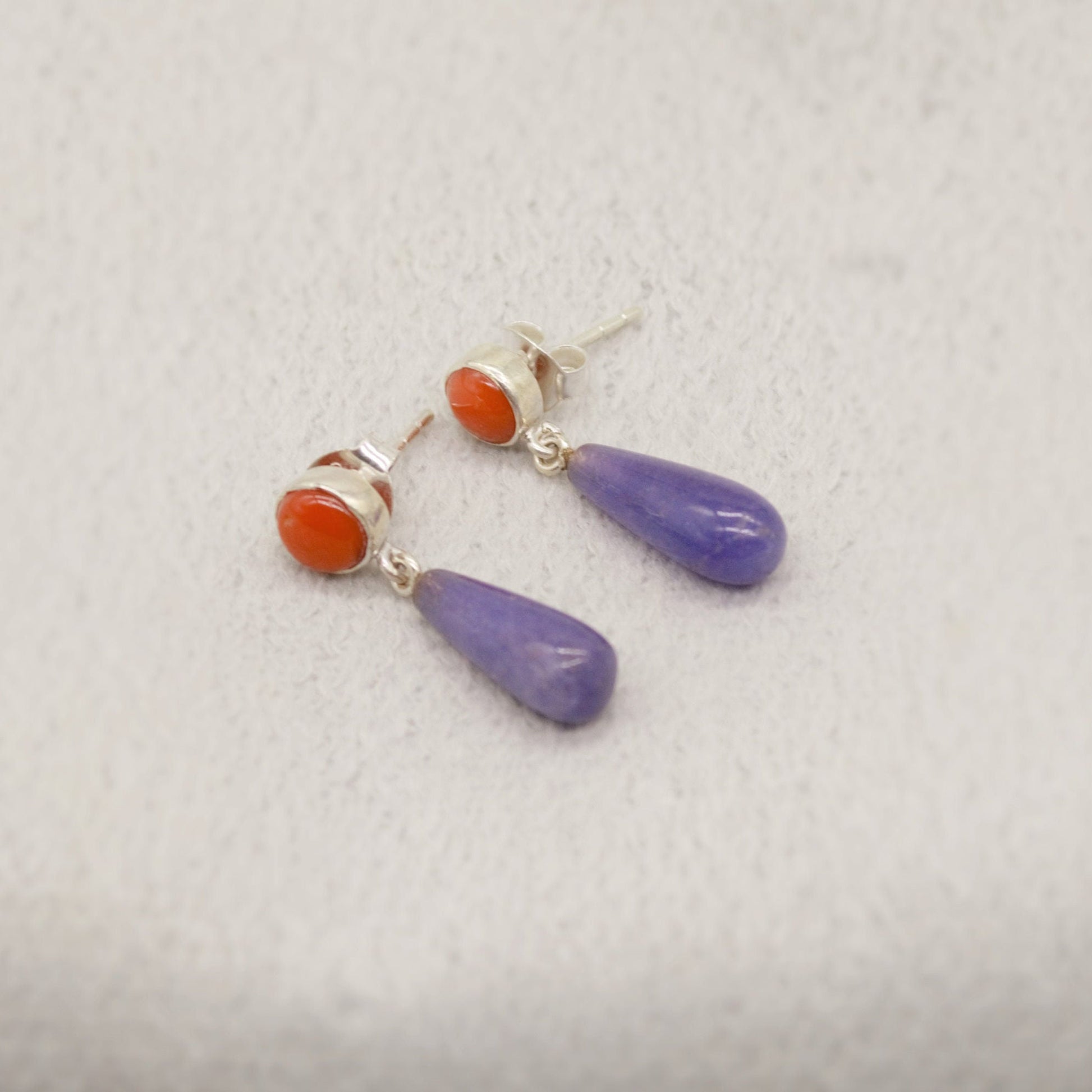 Purple Jade, Red Coral Drop Earrings, Sterling Silver, Red Coral Jewelry, Handmade Gemstone Earrings, Unique Cute Gifts For Her