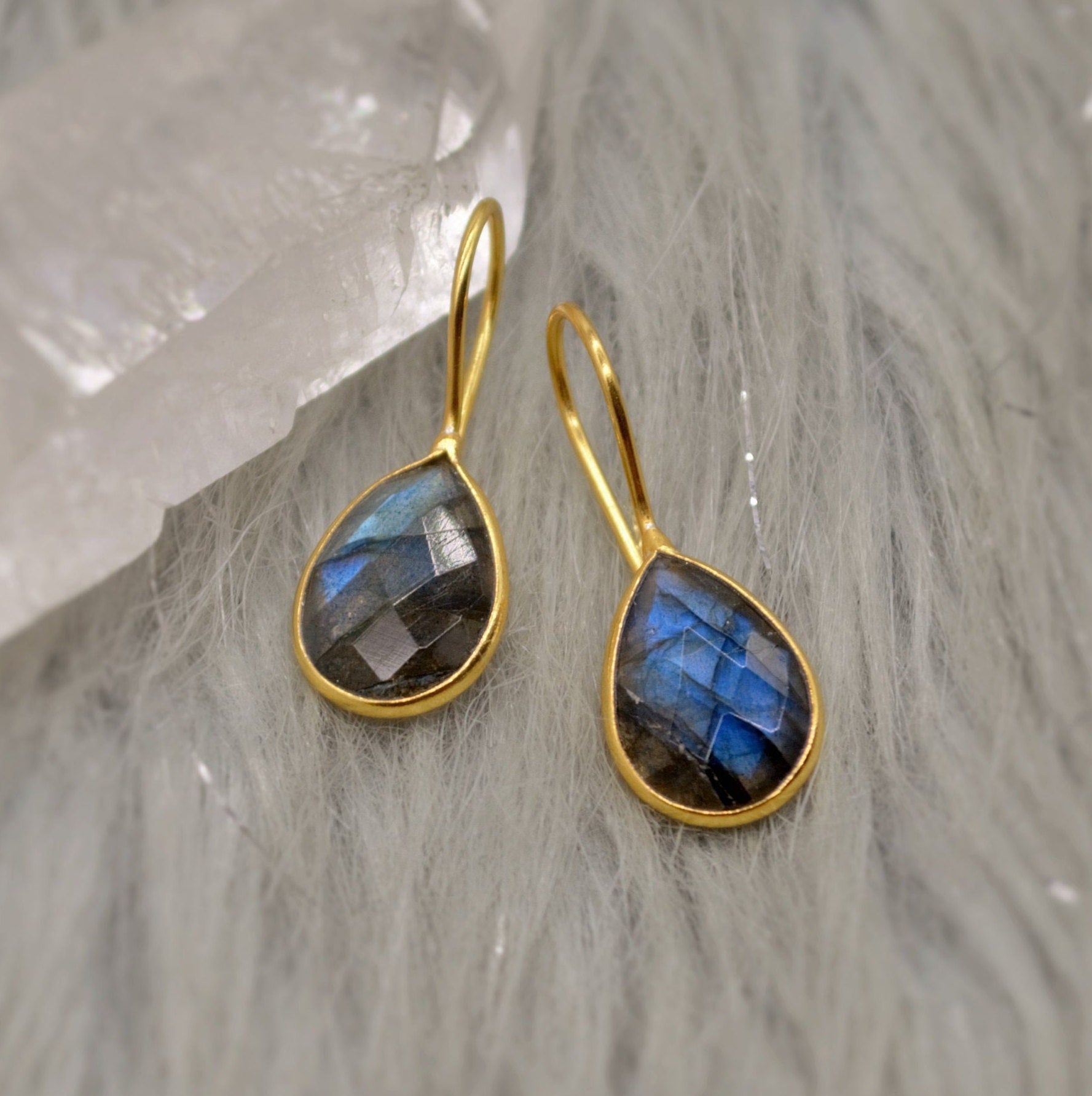 Labradorite Dangle Silver Earrings, Gold Plated Sterling Silver, Handmade Gemstone Earrings, Labradorite Stone Jewelry, Gift For Her