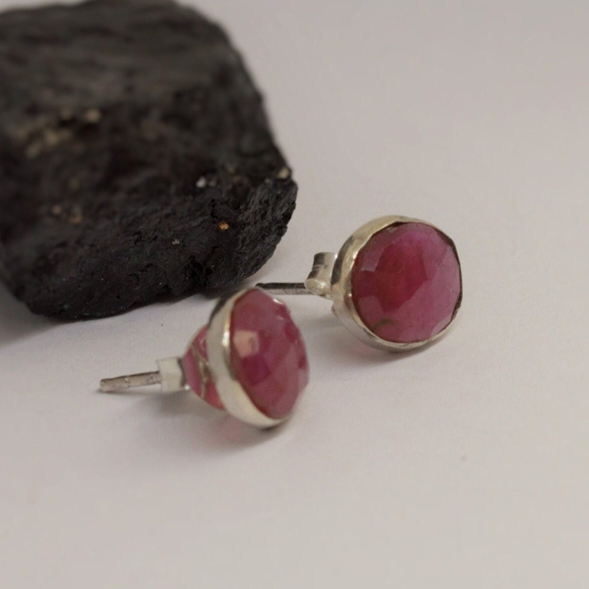 Ruby Silver Stud Earrings, Sterling Silver Red Earrings, Gift For Her, Handmade Minimalist Gemstone Earrings, July Birthstone Jewelry