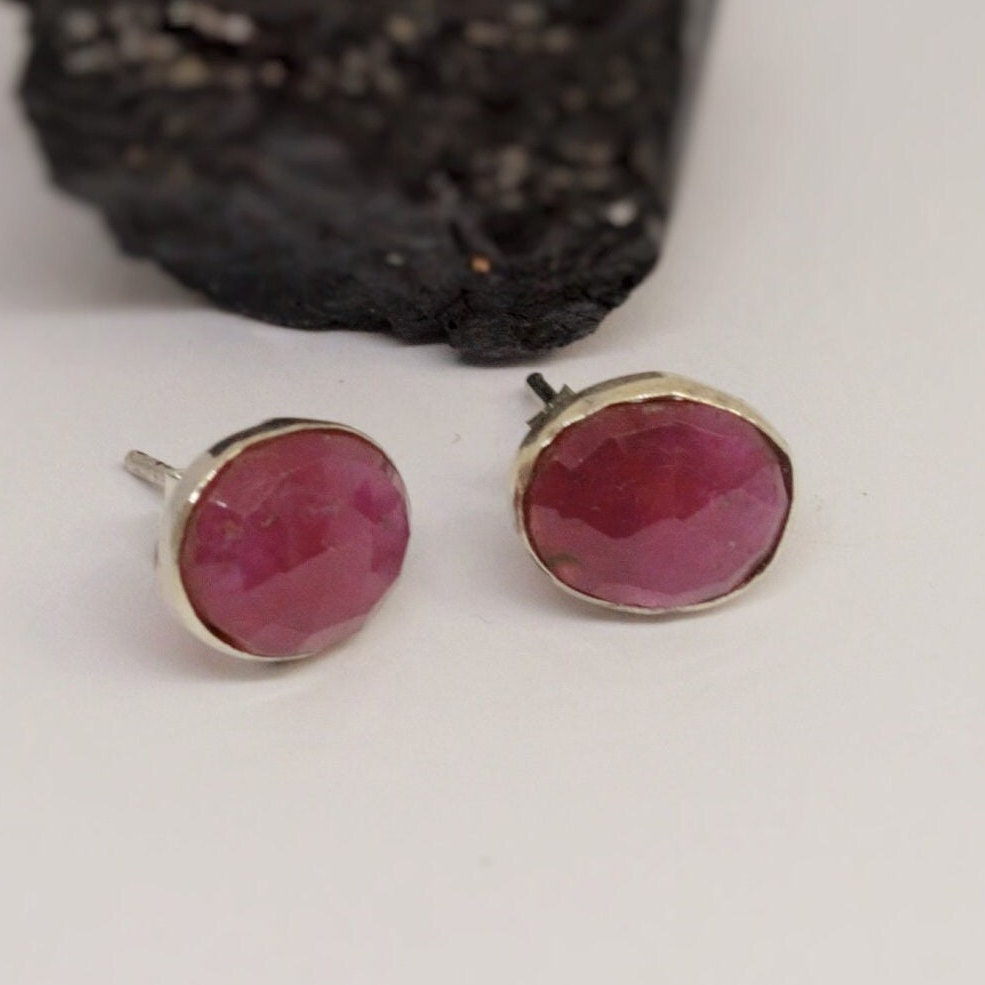 Ruby Silver Stud Earrings, Sterling Silver Red Earrings, Gift For Her, Handmade Minimalist Gemstone Earrings, July Birthstone Jewelry