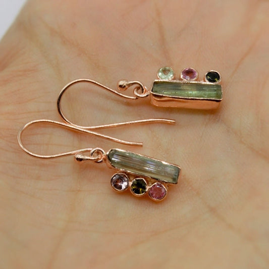 Mixed Tourmaline Earrings, Dainty Sterling Silver Earrings, Rose Gold Earrings, October Birthstone Earrings, Gifts For Her