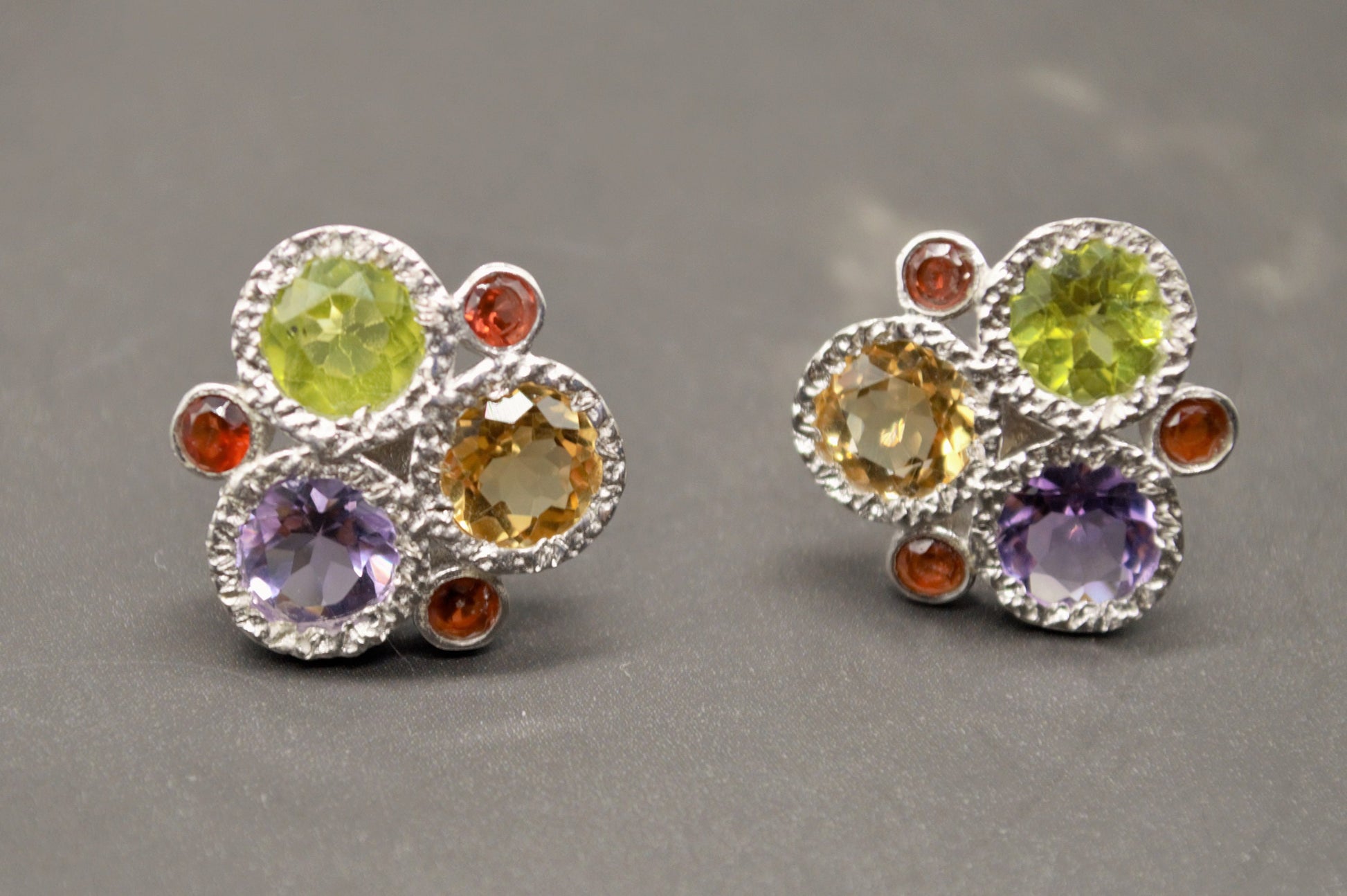 Citrine, Peridot, Amethyst, Garnet Silver Stud Earrings