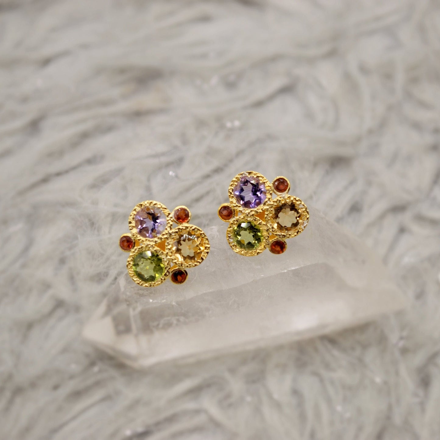 Citrine, Peridot, Amethyst, Garnet Silver Stud Earrings