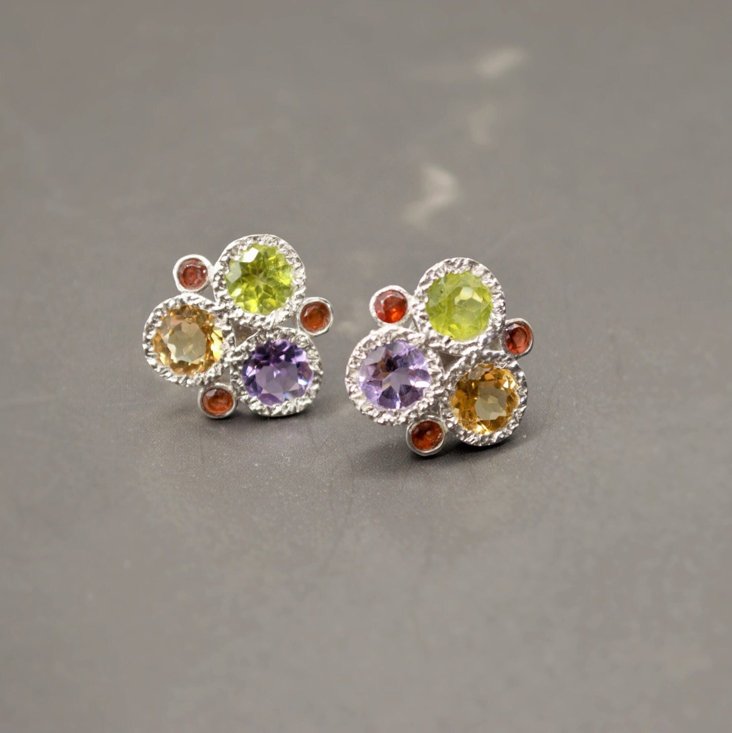 Citrine, Peridot, Amethyst, Garnet Silver Stud Earrings