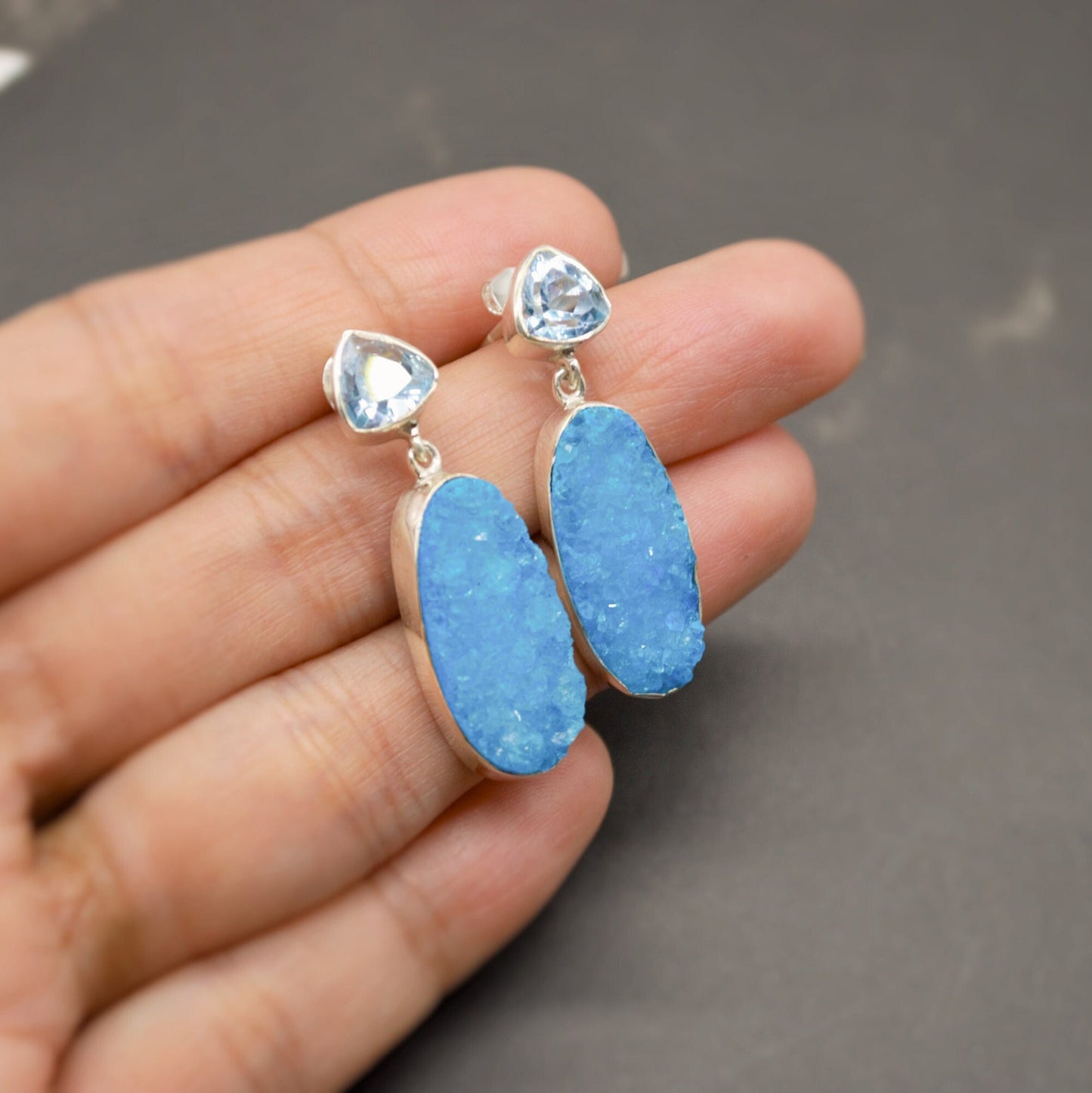 Blue Topaz, Druzy Agate Silver Dangle Earrings, Dainty Gemstone Drop Earrings, Unique Earrings, December Birthstone