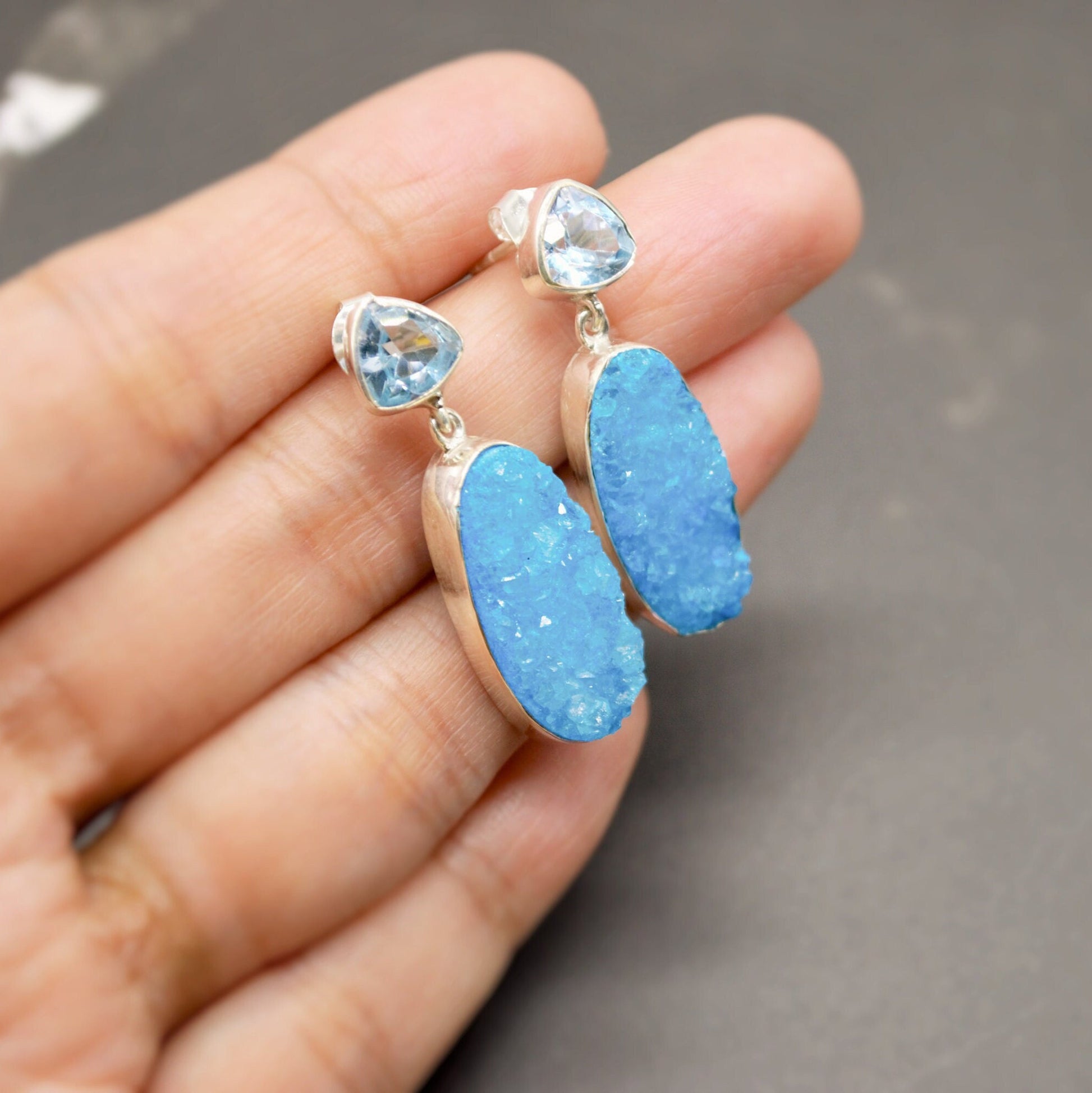 Blue Topaz, Druzy Agate Silver Dangle Earrings, Dainty Gemstone Drop Earrings, Unique Earrings, December Birthstone