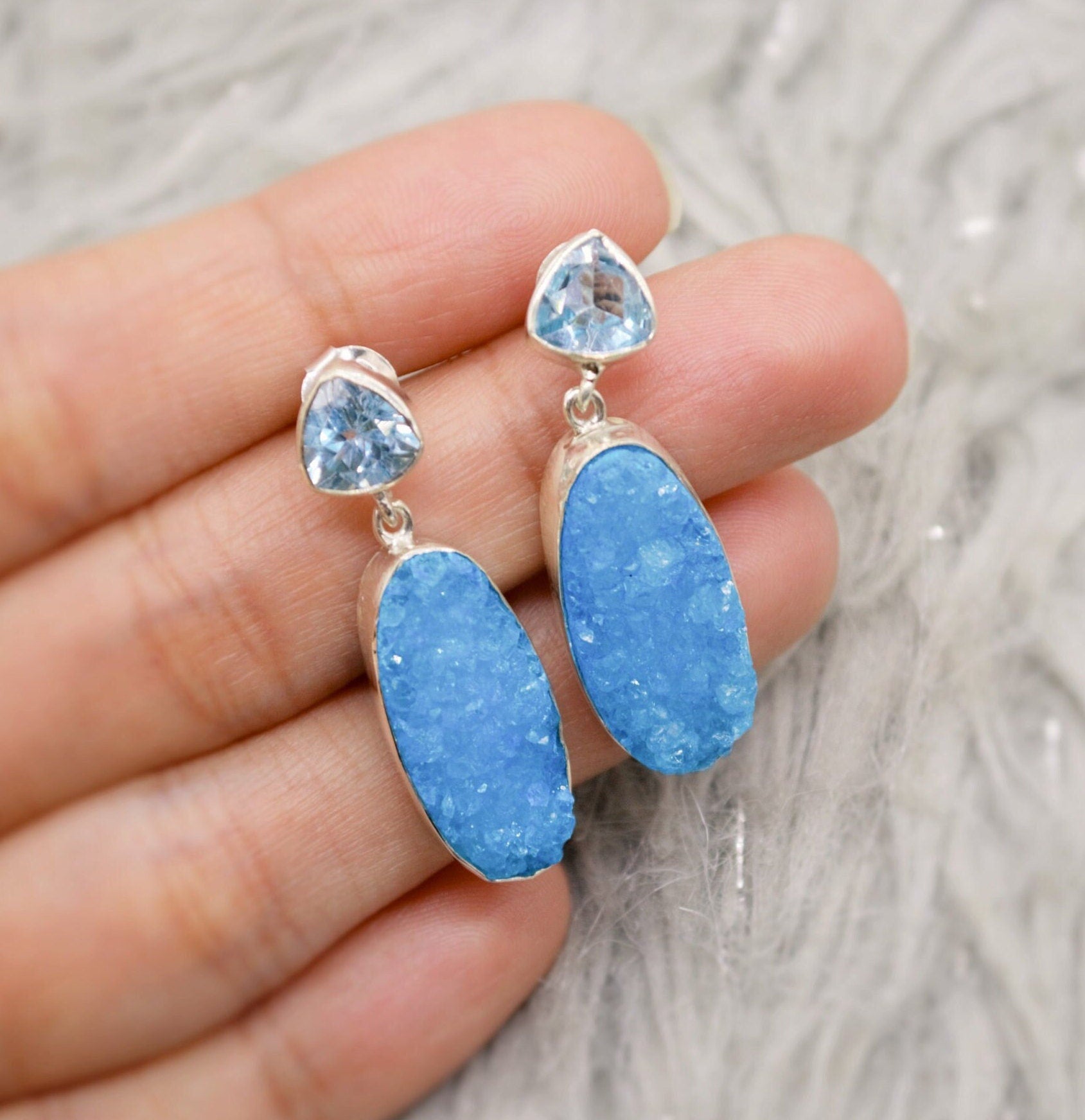 Blue Topaz, Druzy Agate Silver Dangle Earrings, Dainty Gemstone Drop Earrings, Unique Earrings, December Birthstone