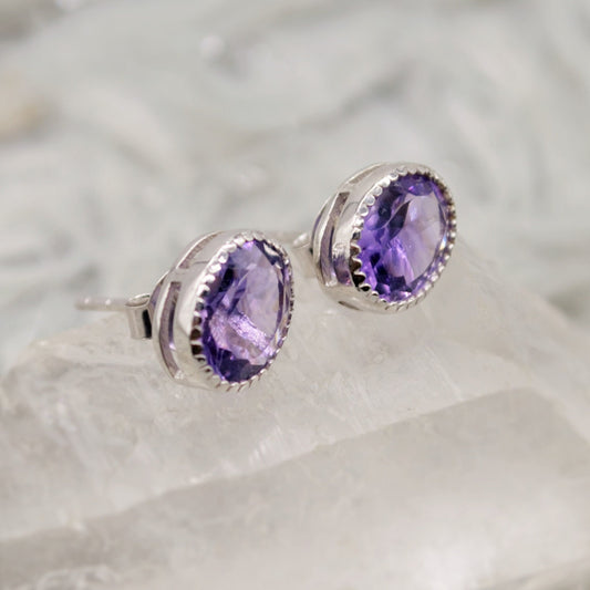 Purple Amethyst Sterling Silver Studs, February Birthstone, Dainty Statement Unique Gemstone Stud Earrings, Gifts For Her