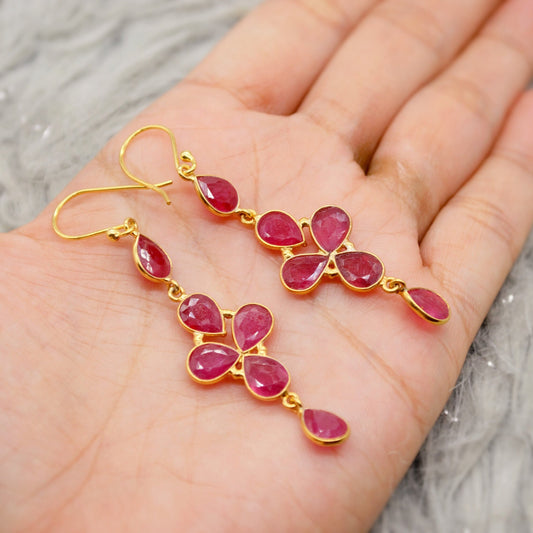 Gold Ruby Earrings, Cute Dainty Drop Earrings, Indian Wedding Jewelry, Minimalist July Birthstone Earrings