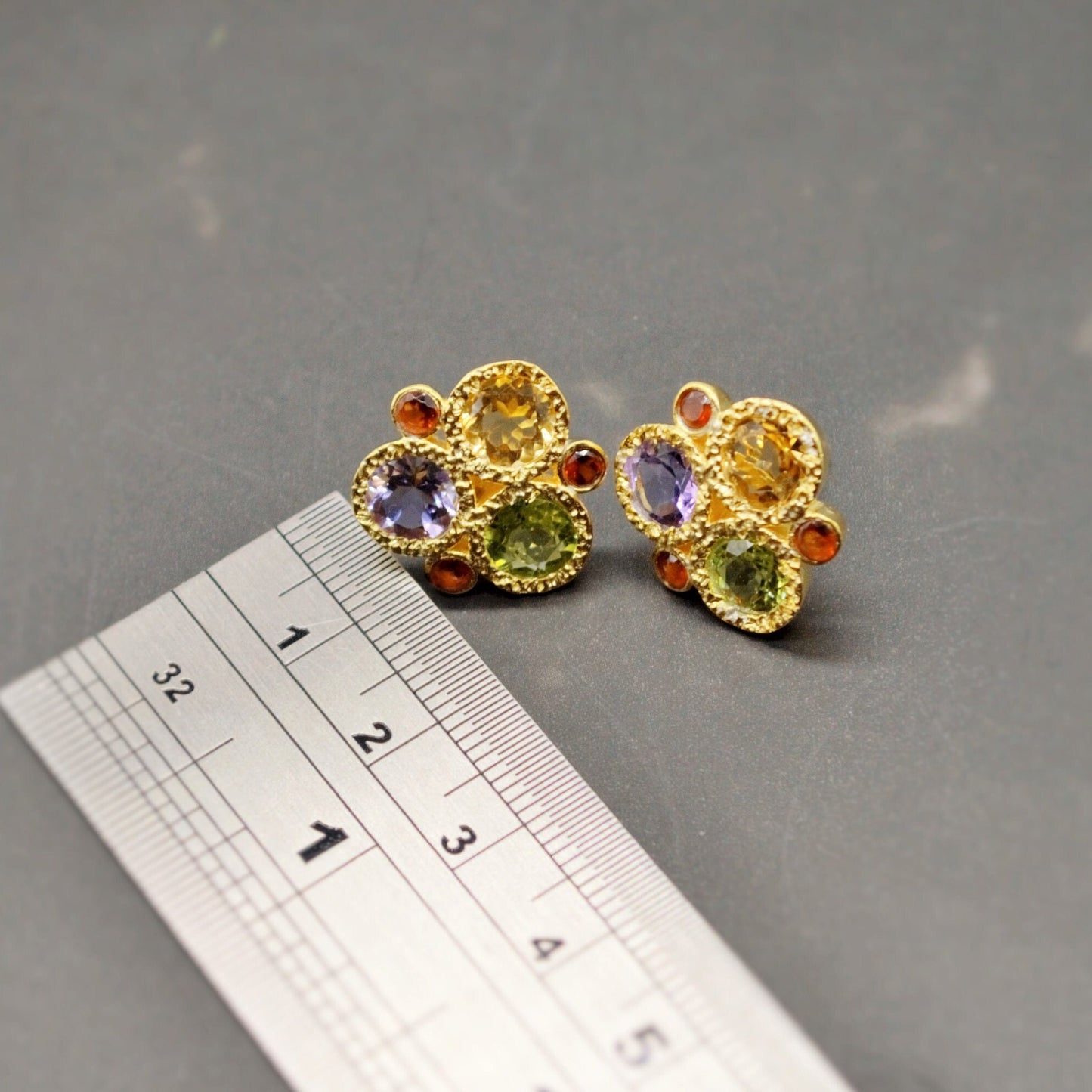 Citrine, Peridot, Amethyst, Garnet Silver Stud Earrings