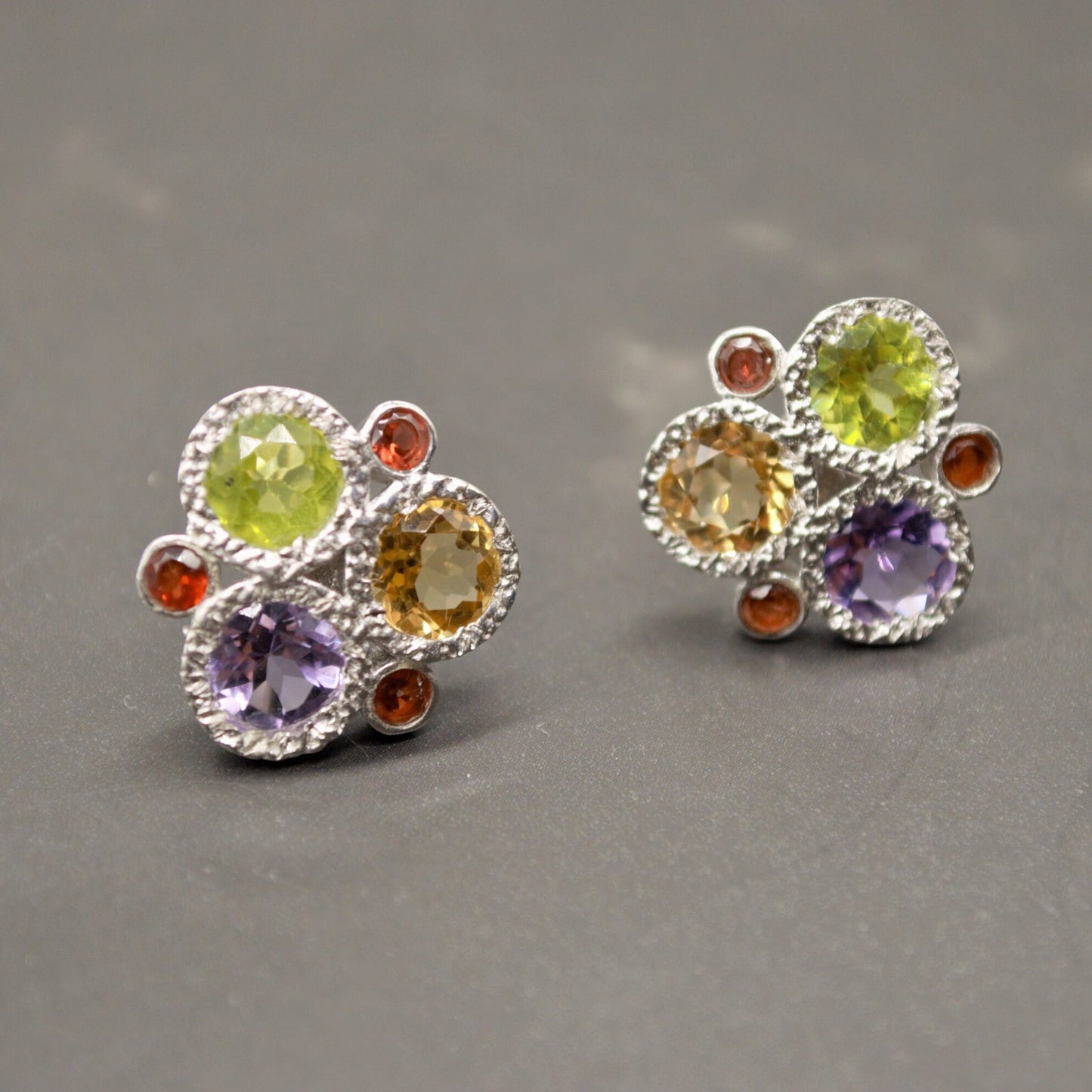 Citrine, Peridot, Amethyst, Garnet Silver Stud Earrings