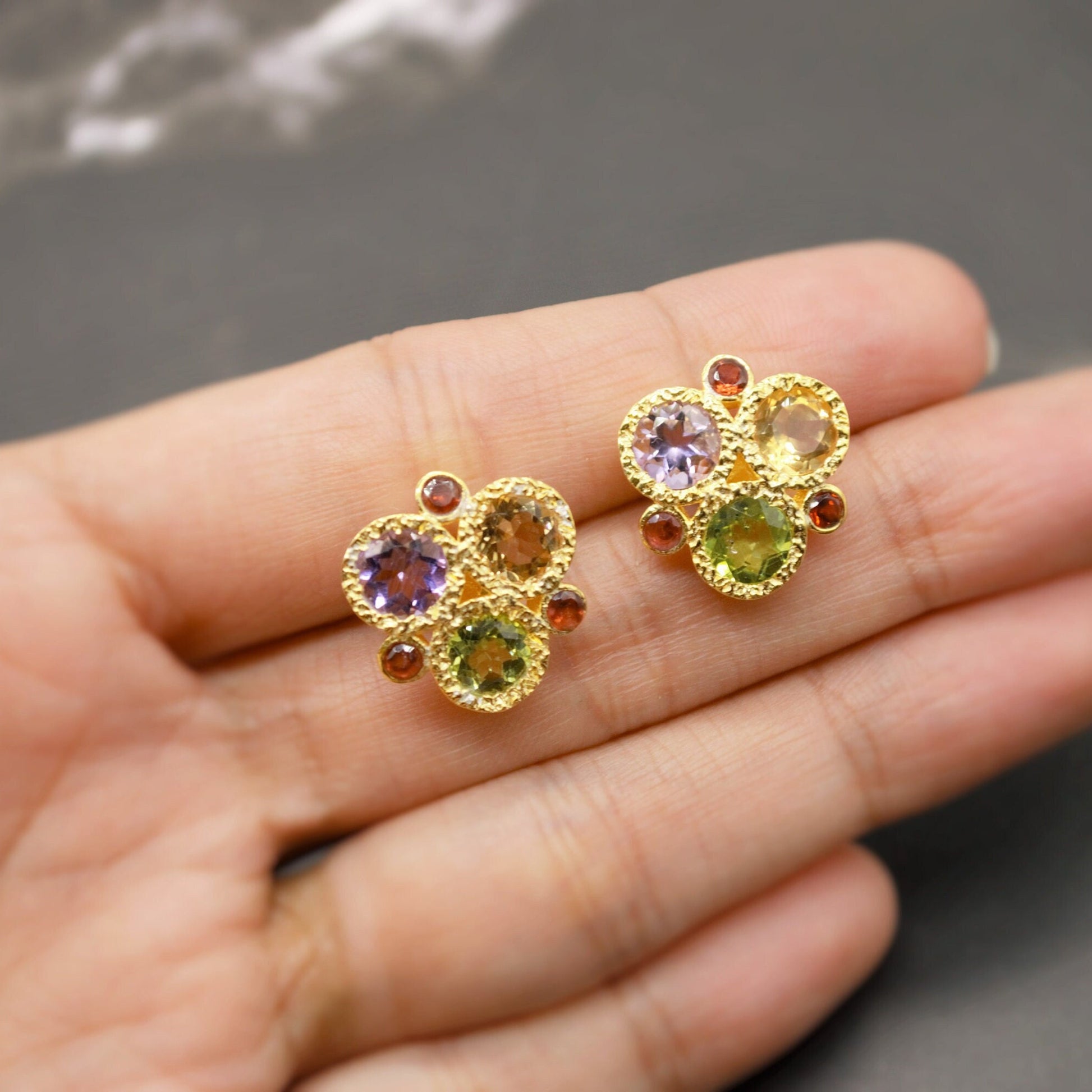 Citrine, Peridot, Amethyst, Garnet Silver Stud Earrings