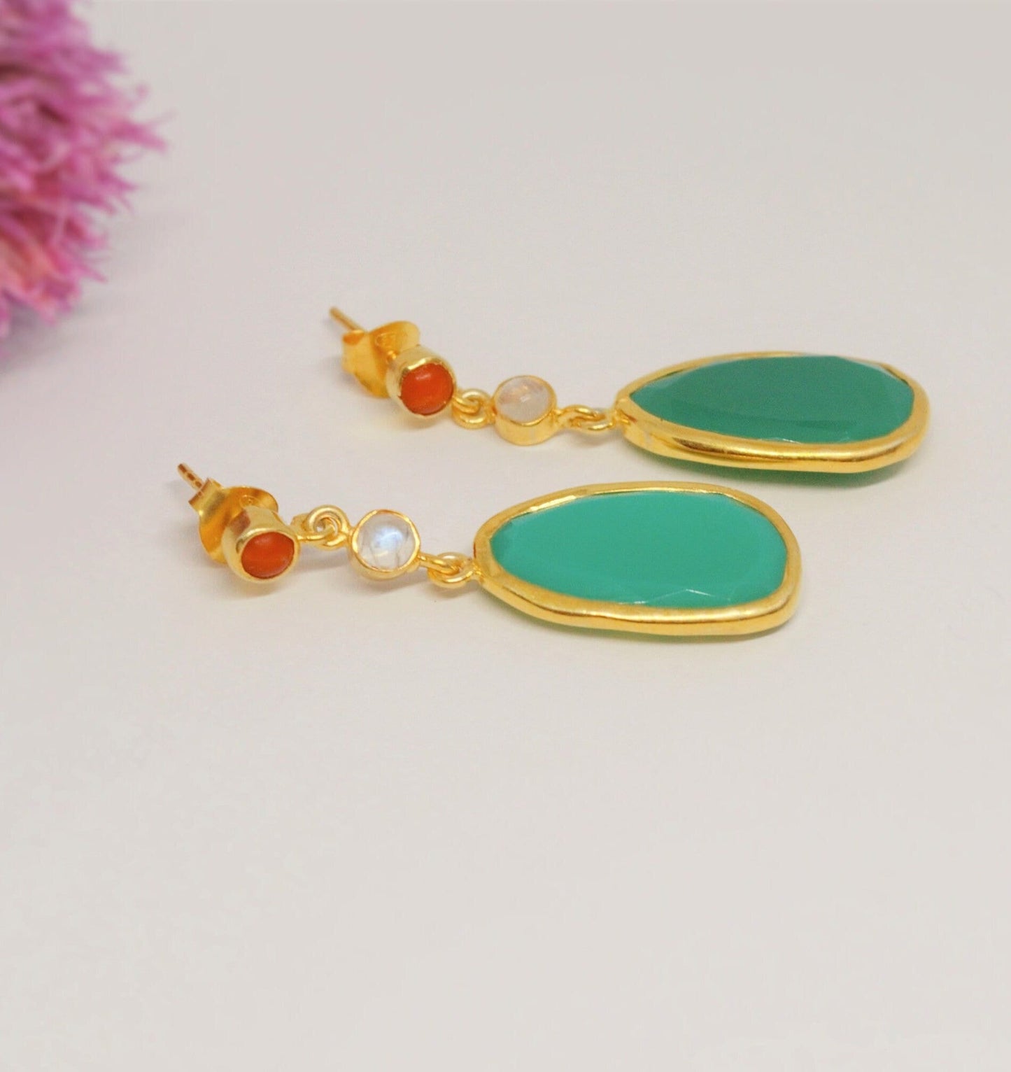 Chalcedony, Moonstone, Coral Earrings, Chalcedony Jewelry, Gold Plated 925 Sterling Silver Earrings, Green Earrings, Mothers Day Gift