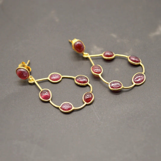 Gold Ruby Hoop Earrings, Cute Dainty Drop Earrings, Indian Wedding Jewelry, Minimalist July Birthstone Earrings