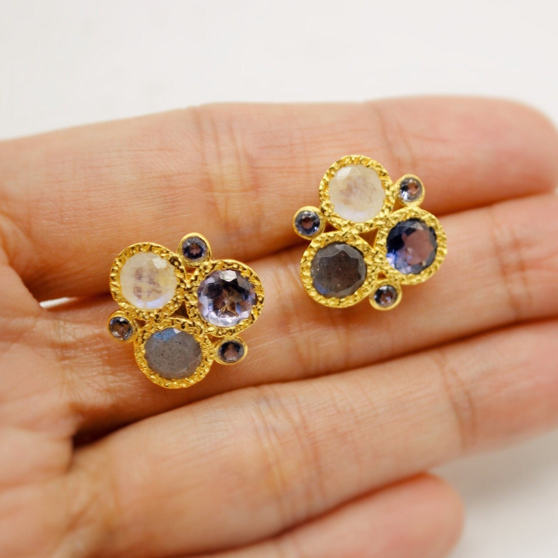 Labradorite, Moonstone, Amethyst Earrings, Gold Plated Sterling Silver Stud Earrings, Unique Birthstone Gemstone Earrings