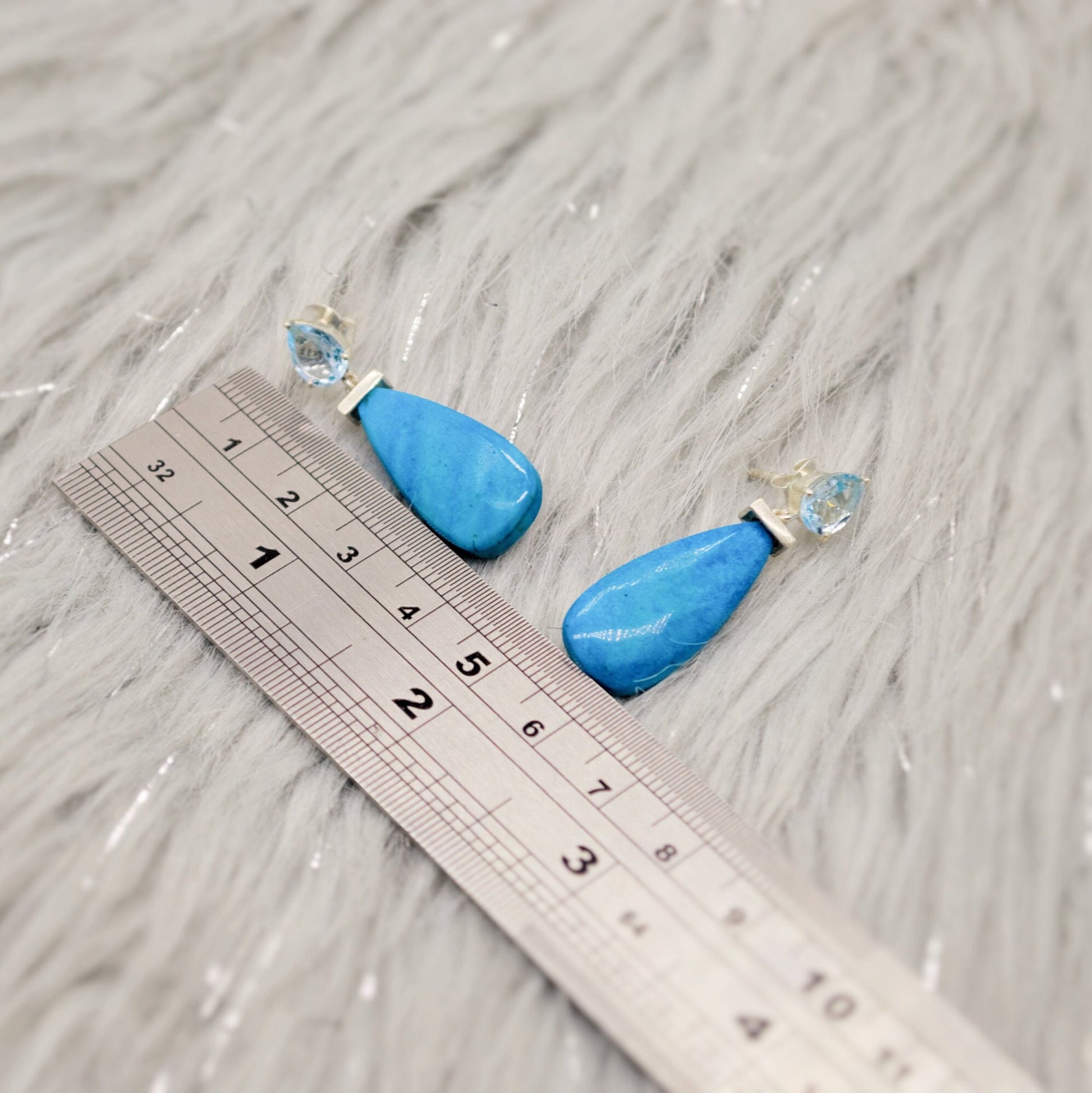 Dainty Blue Topaz & Howlite Earrings, Unique December Birthstone Jewelry, Silver Dangle Drop Earrings, Handmade Gift For Her