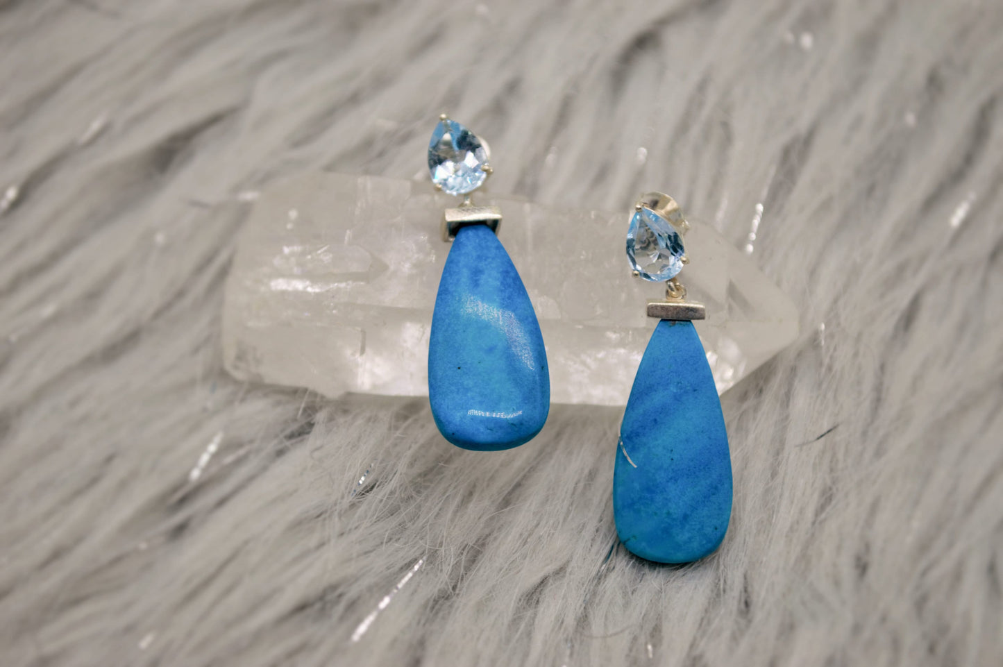 Dainty Blue Topaz & Howlite Earrings, Unique December Birthstone Jewelry, Silver Dangle Drop Earrings, Handmade Gift For Her