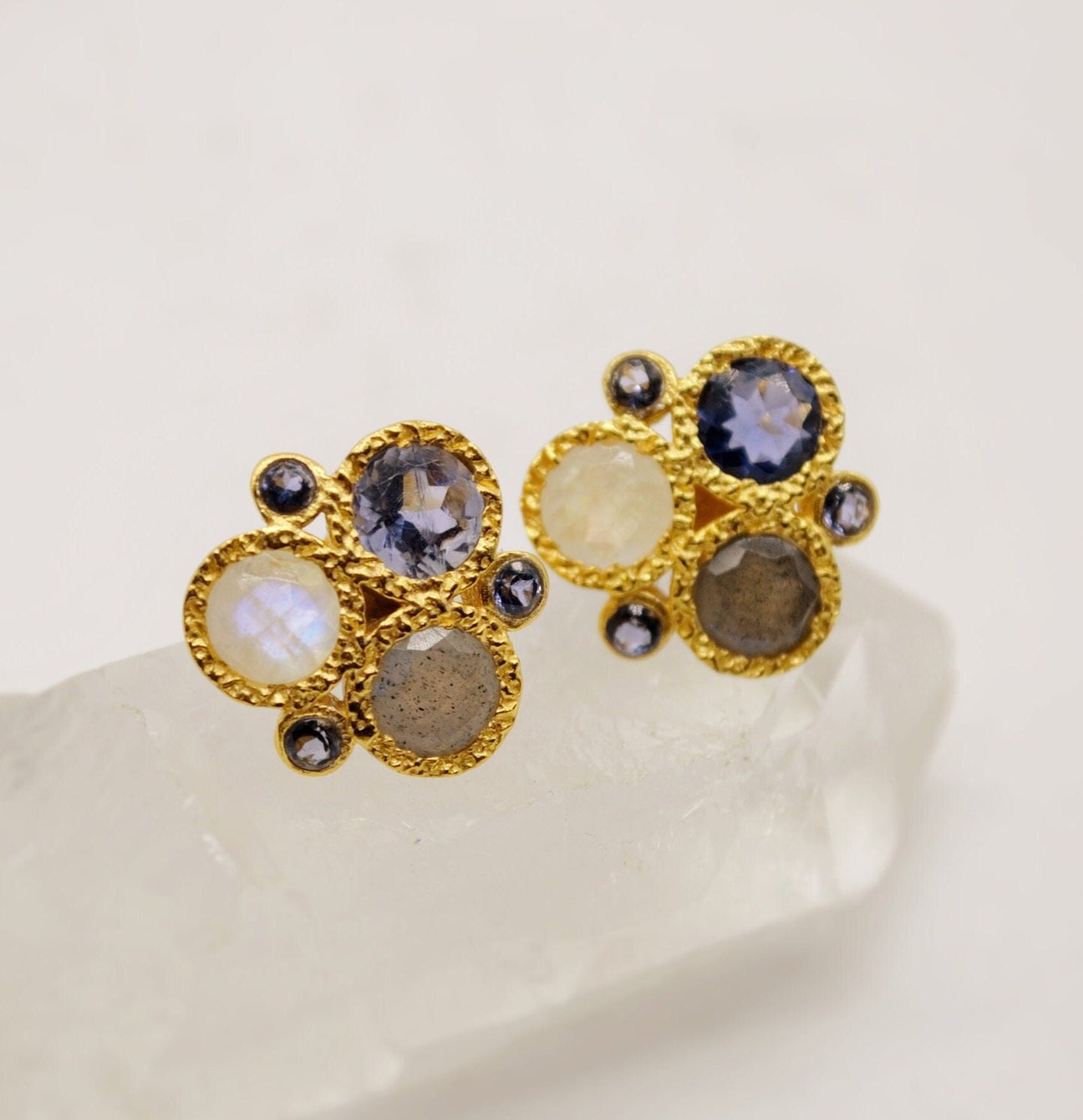 Labradorite, Moonstone, Amethyst Earrings, Gold Plated Sterling Silver Stud Earrings, Unique Birthstone Gemstone Earrings