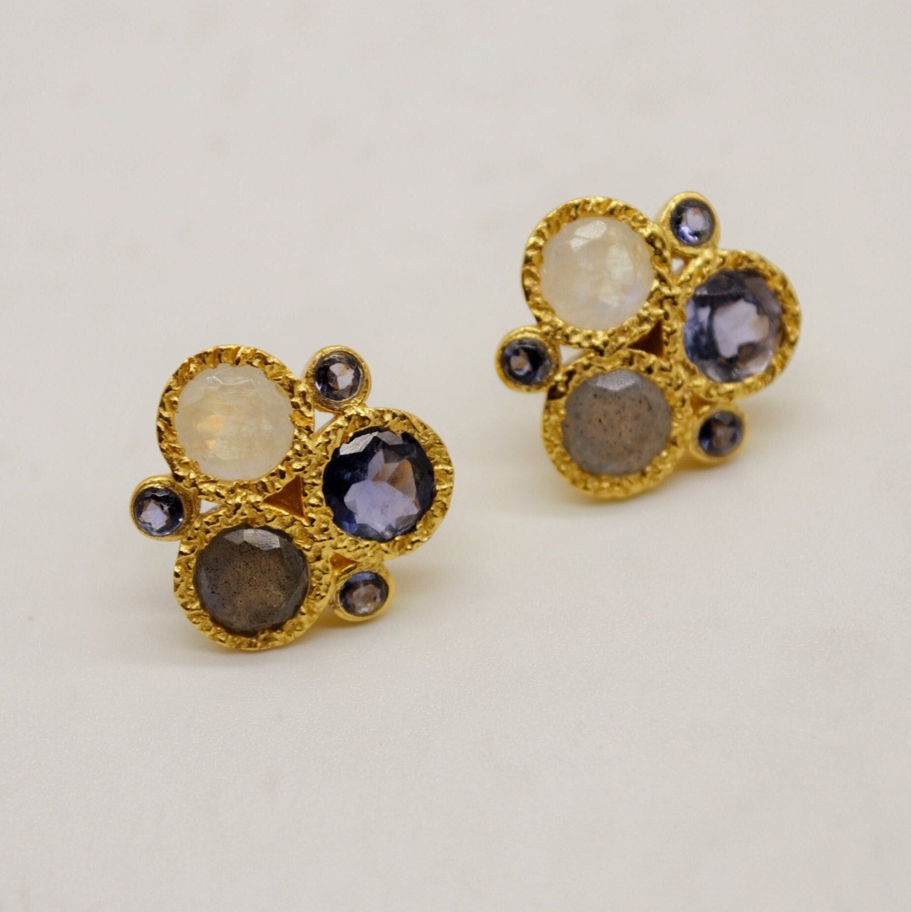 Labradorite, Moonstone, Amethyst Earrings, Gold Plated Sterling Silver Stud Earrings, Unique Birthstone Gemstone Earrings