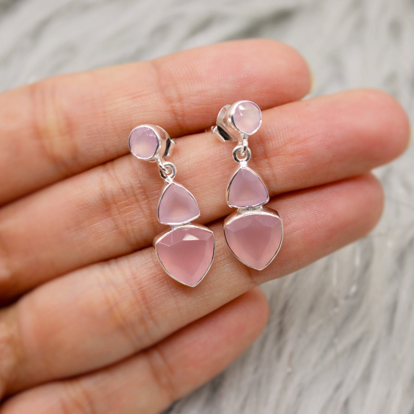 Rose Chalcedony Sterling Silver Drop Earrings, Pink Gemstone Earrings, Unique Statement Earrings, Gifts For Her