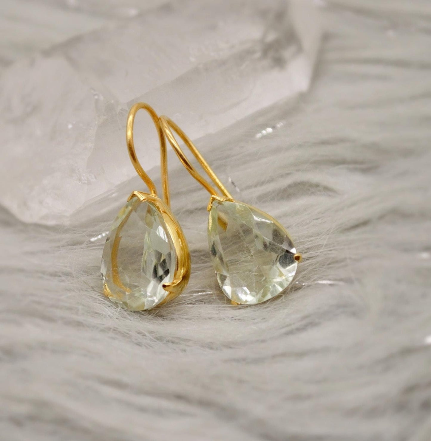 Green Amethyst Gold Earrings, Gold Plated Sterling Silver, February Birthstone Jewelry, Drop Earrings, Gemstone Dangle, Friend Birthday Gift